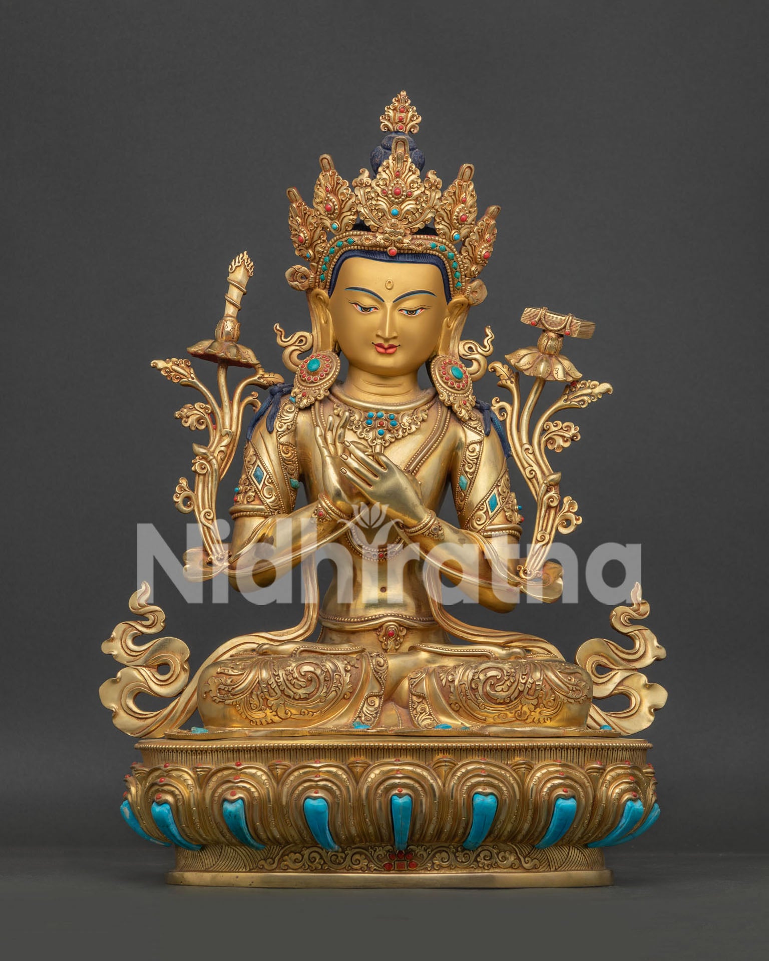 Front View of Handcrafted Manjushri Statue in Gold Fire Gilded Copper with Semi Precious Stones from Nepal