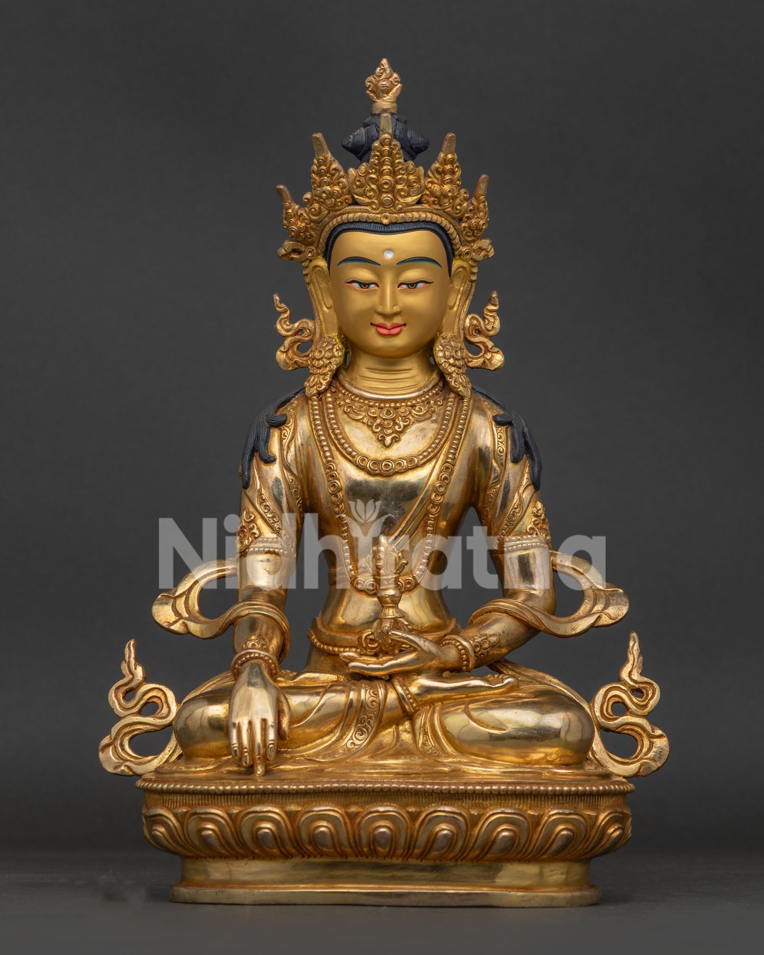 Front View of Handcrafted Mitrugpa Statue in Copper with Gold Painted Face from Nepal