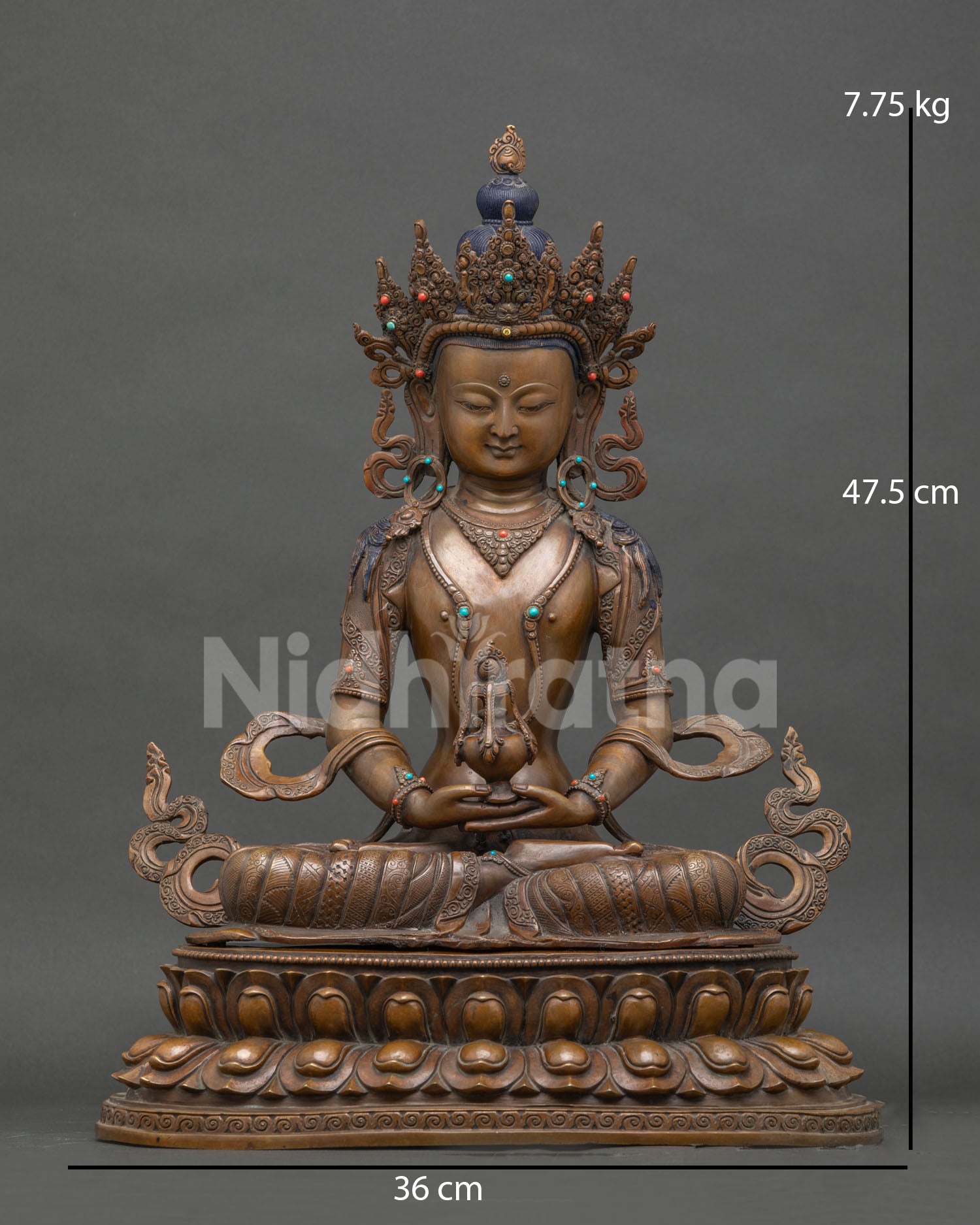 Front view of handcrafted oxidized copper Amitayus Buddha statue, Nepali craftsmanship