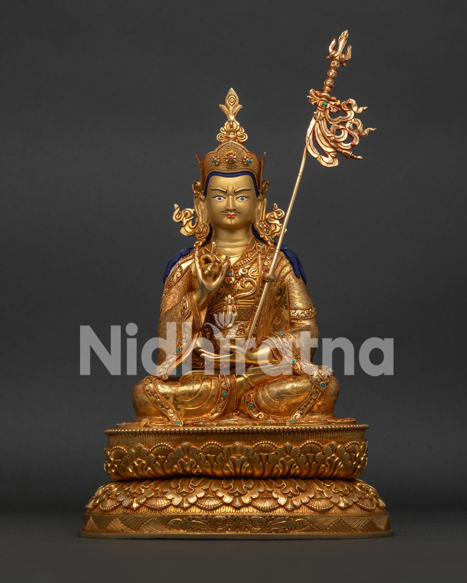 Front view of handcrafted Tsokye Dorje Statue with 24K gold fire gilding and lotus seat