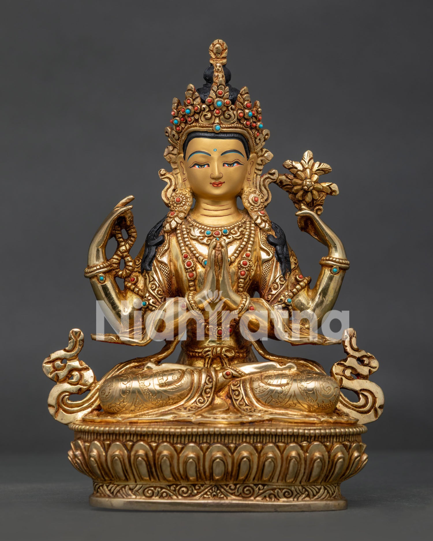 Front View of Handmade Chenrezig Statue with 24K Gold Gilding on Lotus Throne
