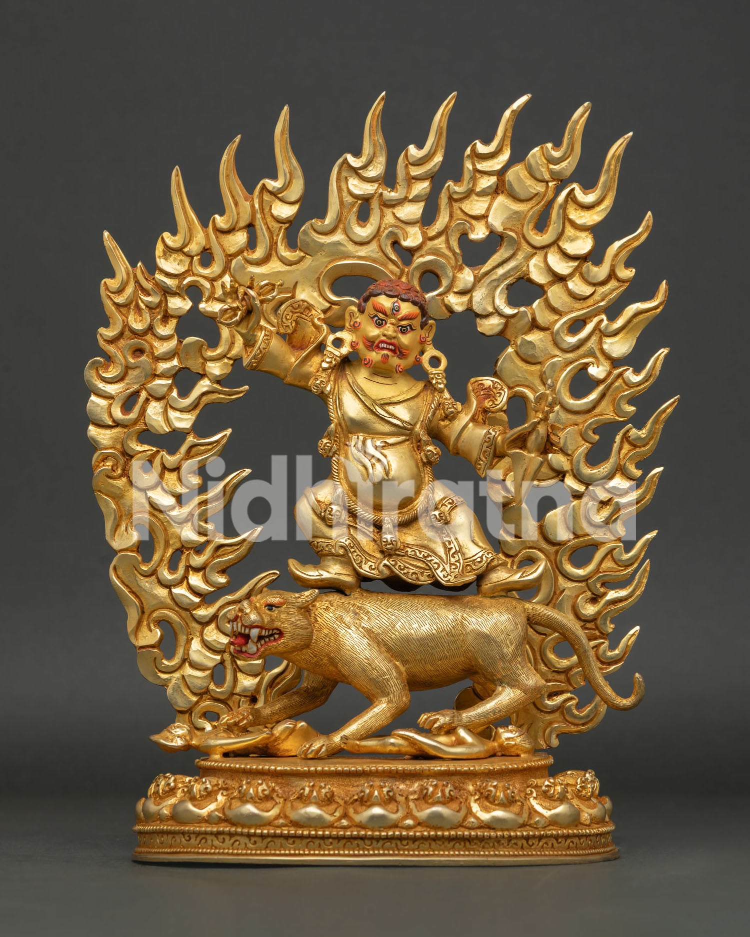 Front View of Handmade Dorje Drolo Statue with 24K Gold Gilding Standing on White Tigress