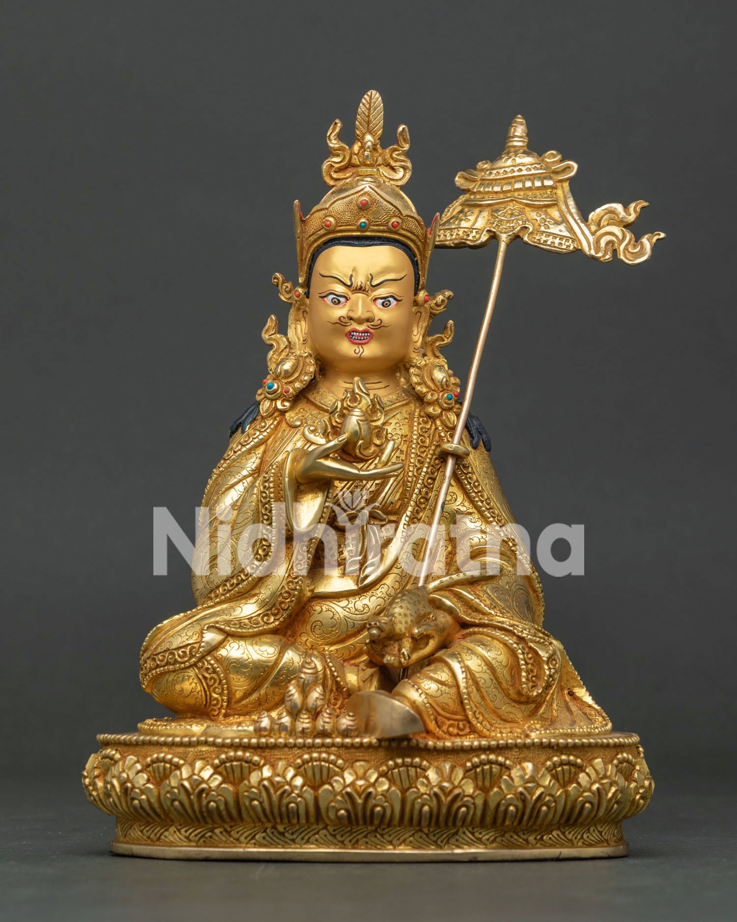 Front View of Handmade Guru Norla Statue with 24K Gold Fire Gilding and Semi Precious Stones