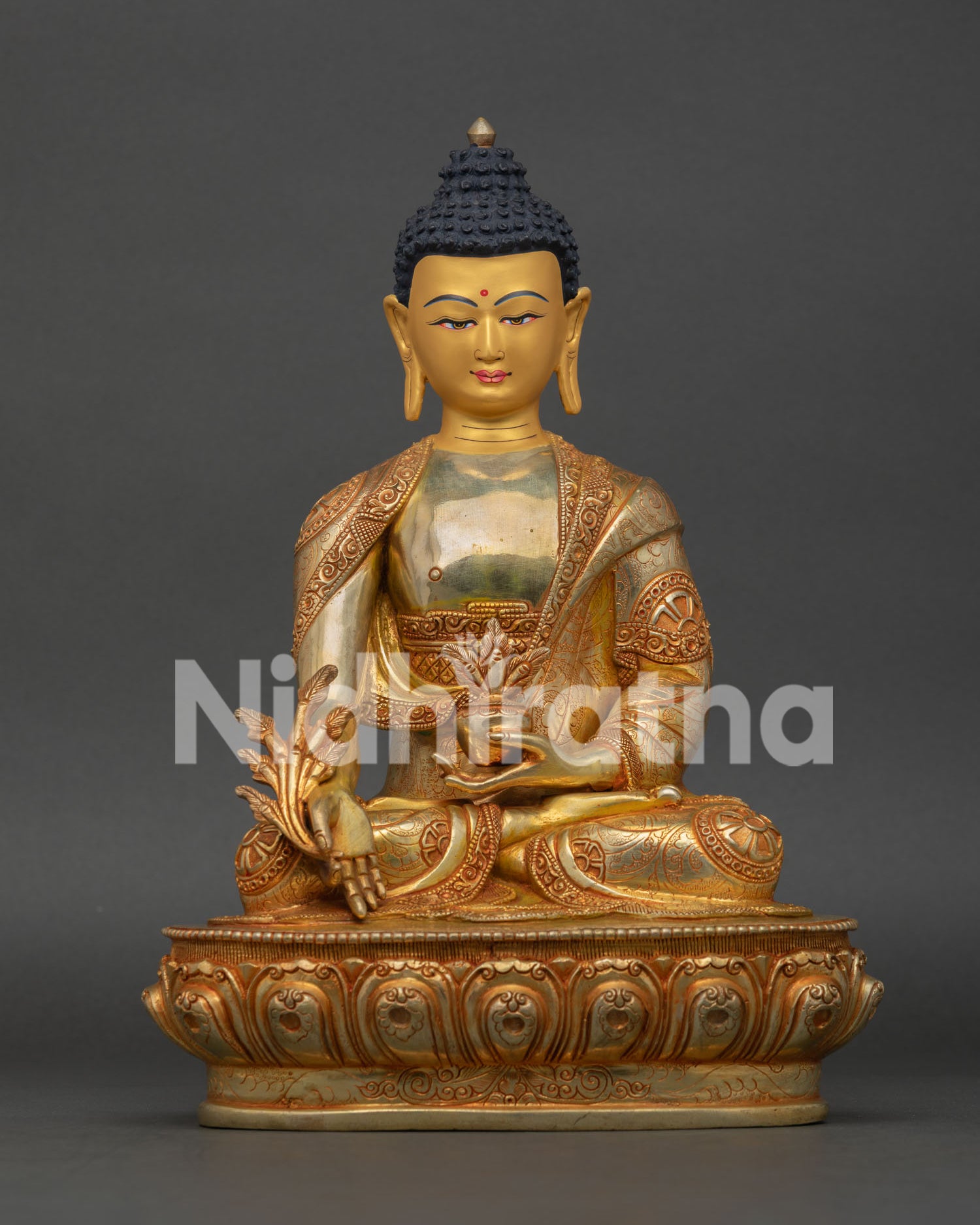Front View of Handmade Medicine Buddha Statue with 24K Gold Fire Gilding from Nepal