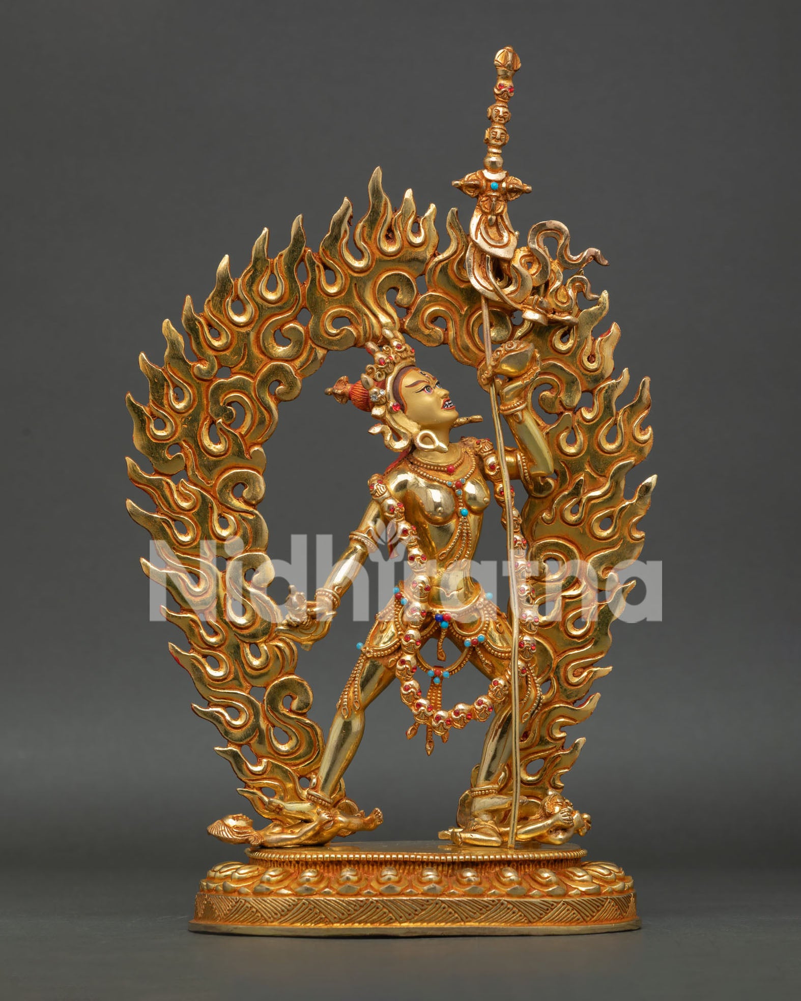 Front View of Handmade Vajrayogini Statue with 24K Gold Fire Gilding and Coral, Turquoise Stones