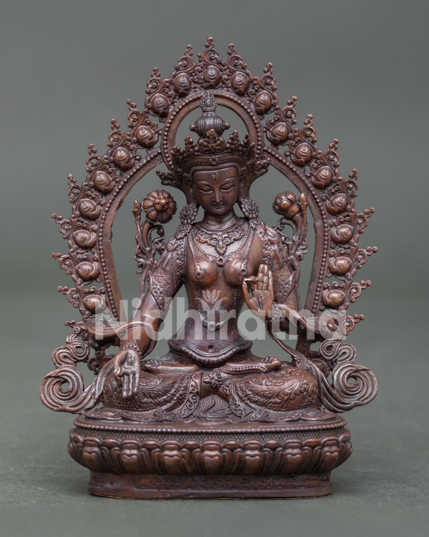 Front view of Handmade White Tara Statue with seven eyes and oxidized copper finish