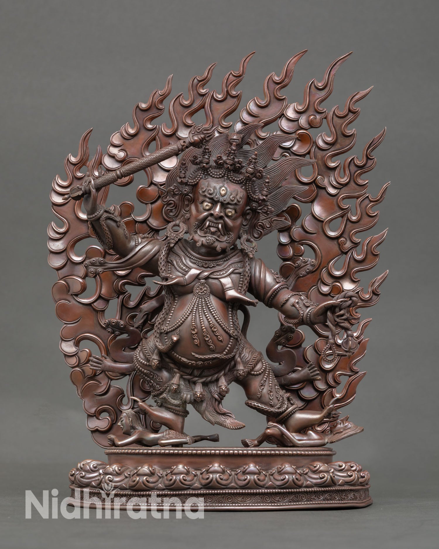 Front view of Hayagriva statue Nepal copper oxidized finish wrathful protector deity sculpture for altar and spiritual protection