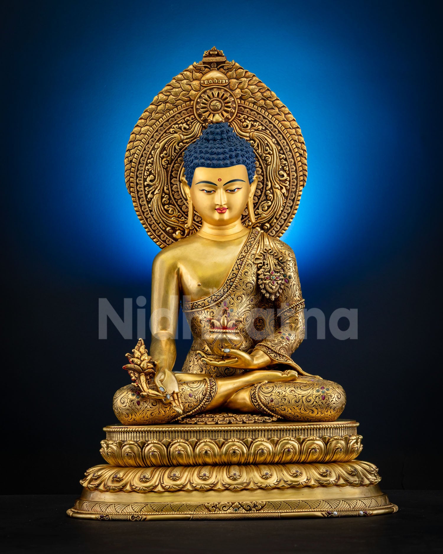 Front view of Healing Buddha Bhaisajyaguru Statue, handcrafted in Nepal with copper