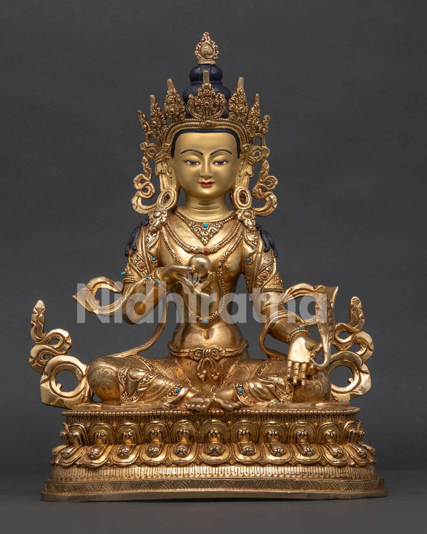 Front View of Kshitigarbha Statue, Gold Gilded Copper Sculpture on Double Lotus Pedestal