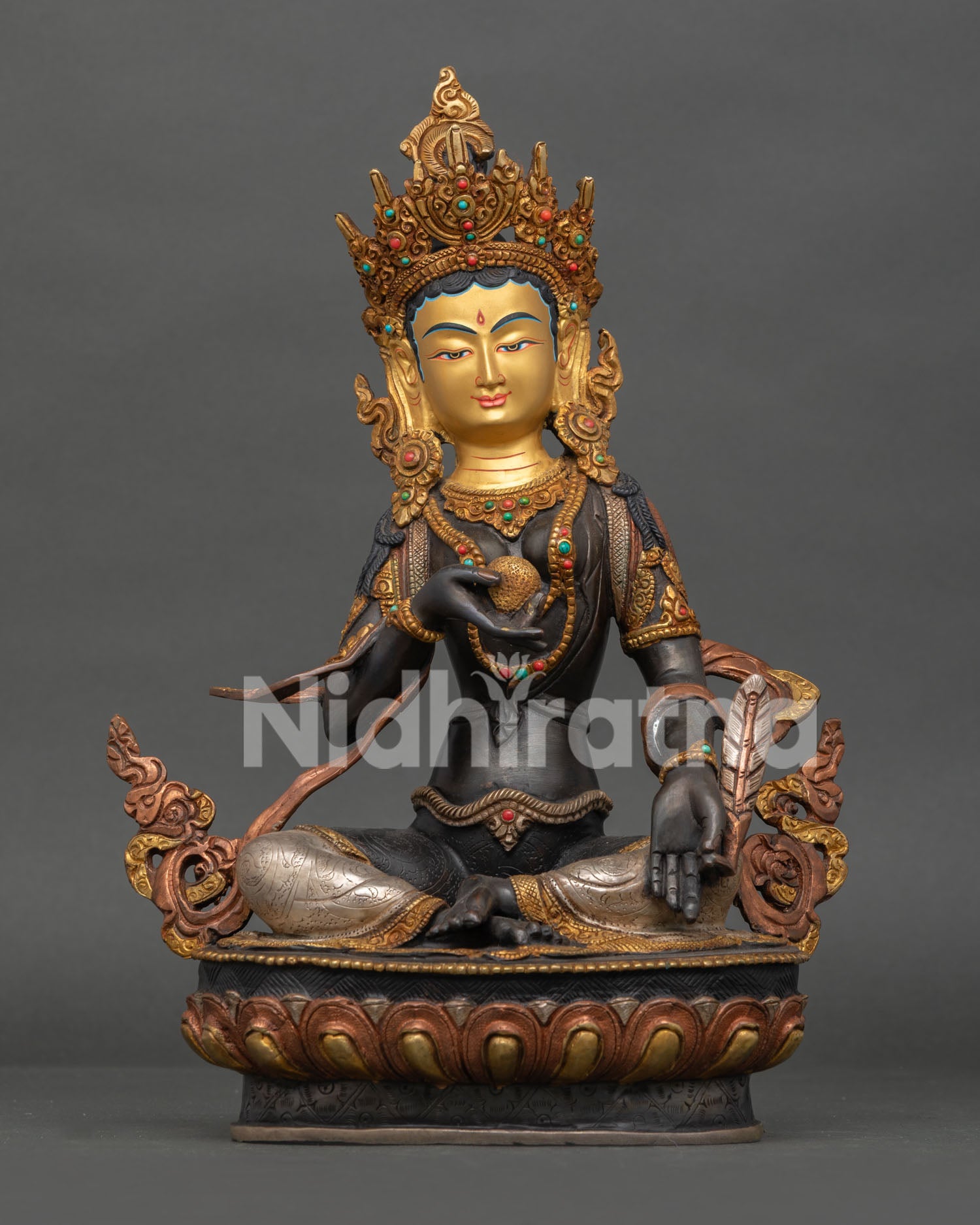 Front View of Kshitigarbha Statue in Oxidized Copper with Gold Gilded & Silver-Plated Details