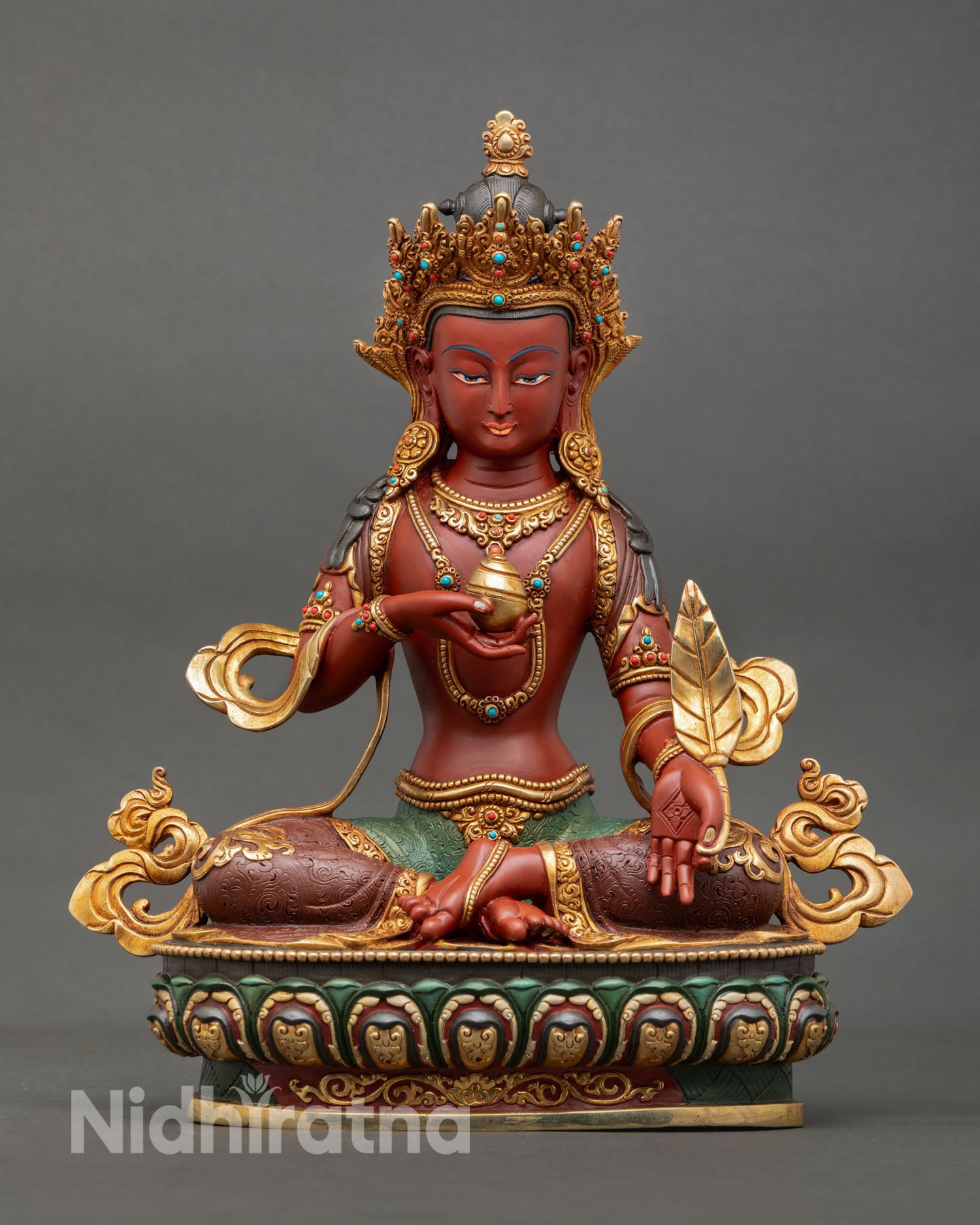 Front view of the Ksitigarbha statue handcrafted in Nepal by a Newari artisan for altar decor