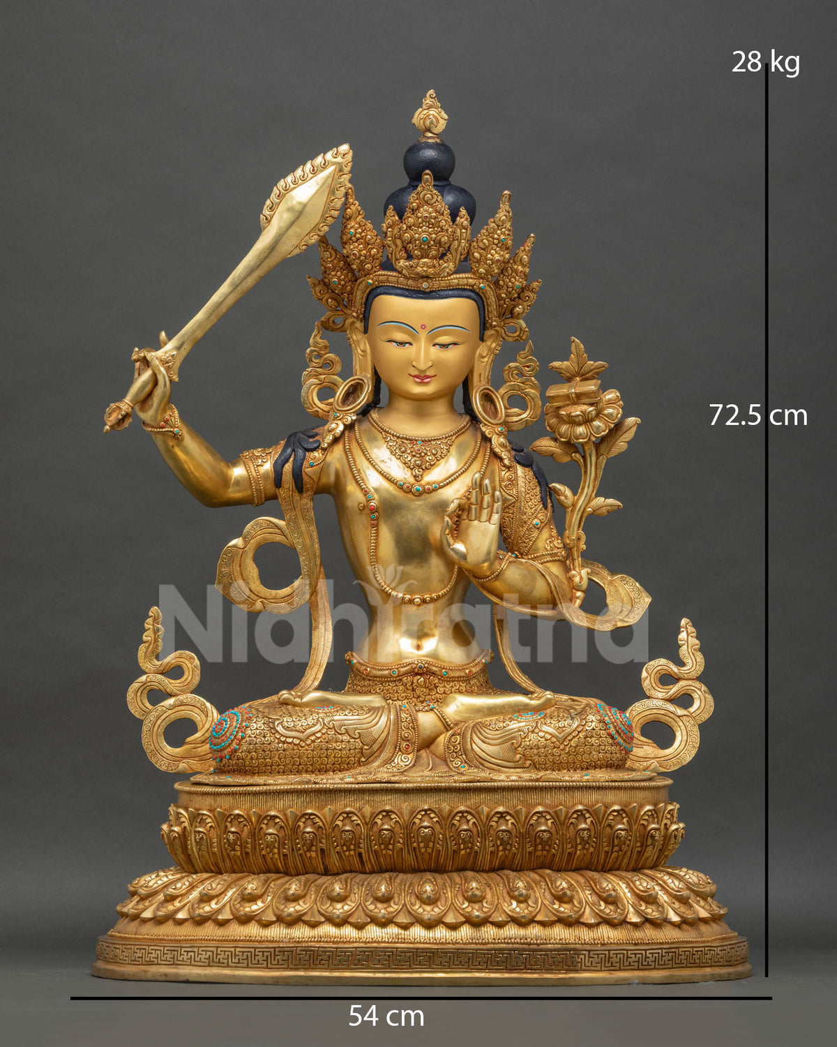 Front view of life-size Manjushri statue, Bodhisattva of Wisdom, gold gilded copper