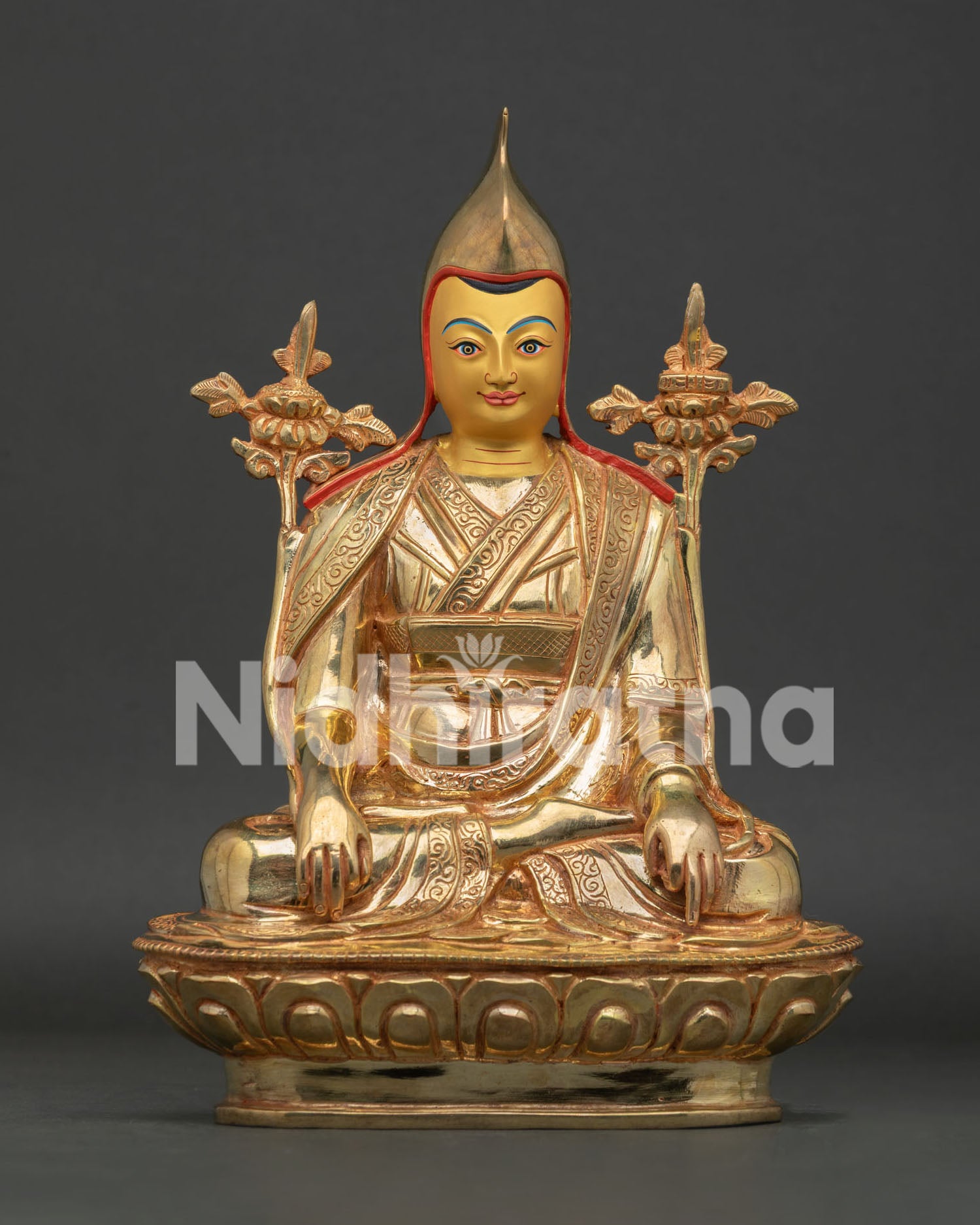Front View of Longchenpa Statue, Handmade by Newari Artisans Gold Gilded Copper Nepal