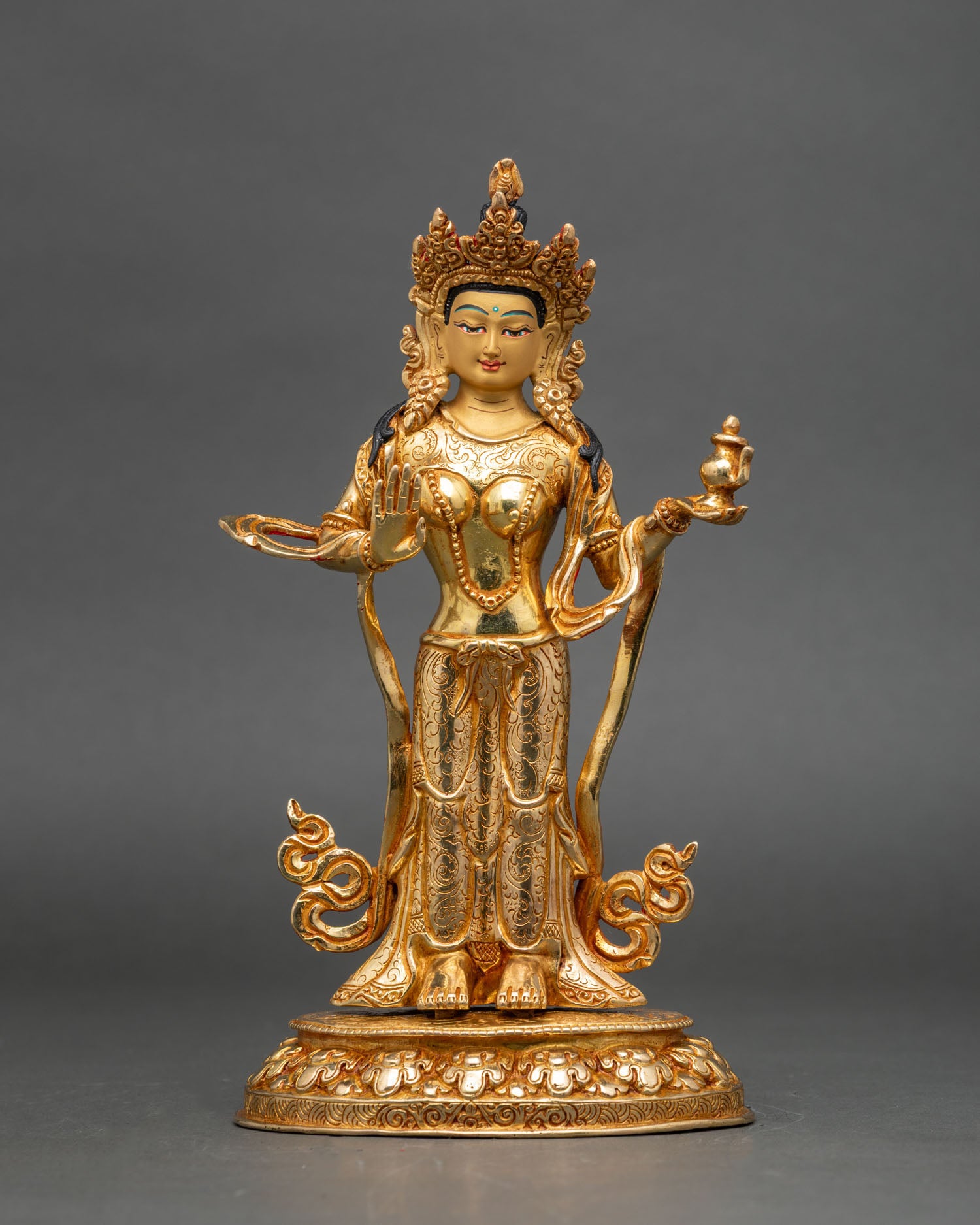 front-view-of-mandarava-statue-gold-gilded-copper-nepalese-buddhist-art
