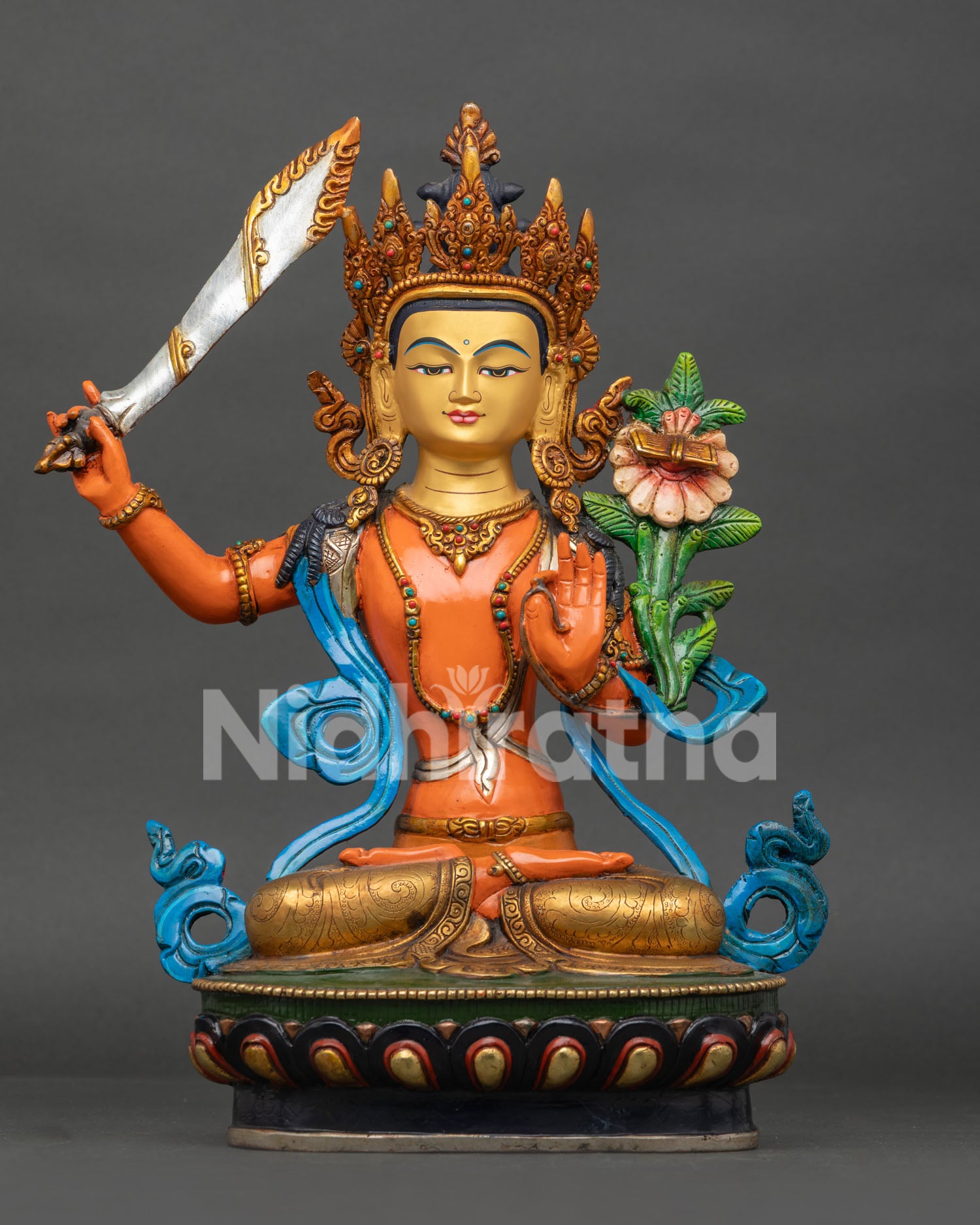 Front View of Manjushri Statue with Gold Gilded Finish, seated upon a Lotus Pedestal