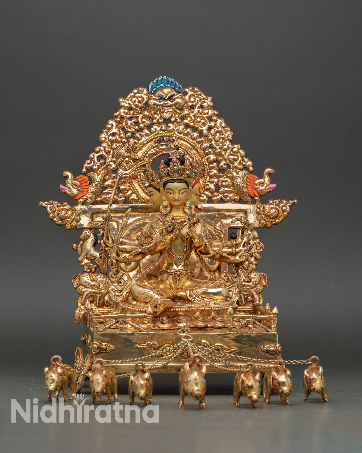 Front view of Marichi sculpture handcrafted in Nepal lost wax copper statue with 24K gold gilding