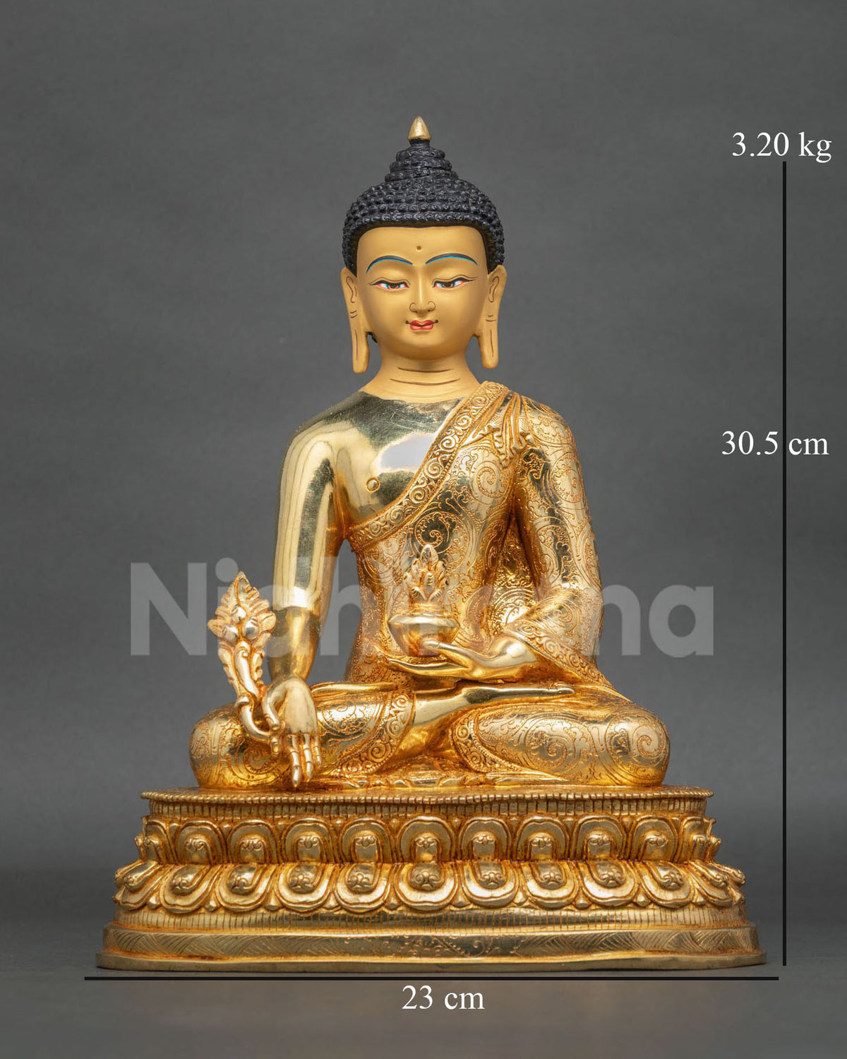 Front view of Medicine Buddha Statue handcrafted in Patan, Nepal with 24K gold fire-gilding, gold-painted face, and lotus pedestal.