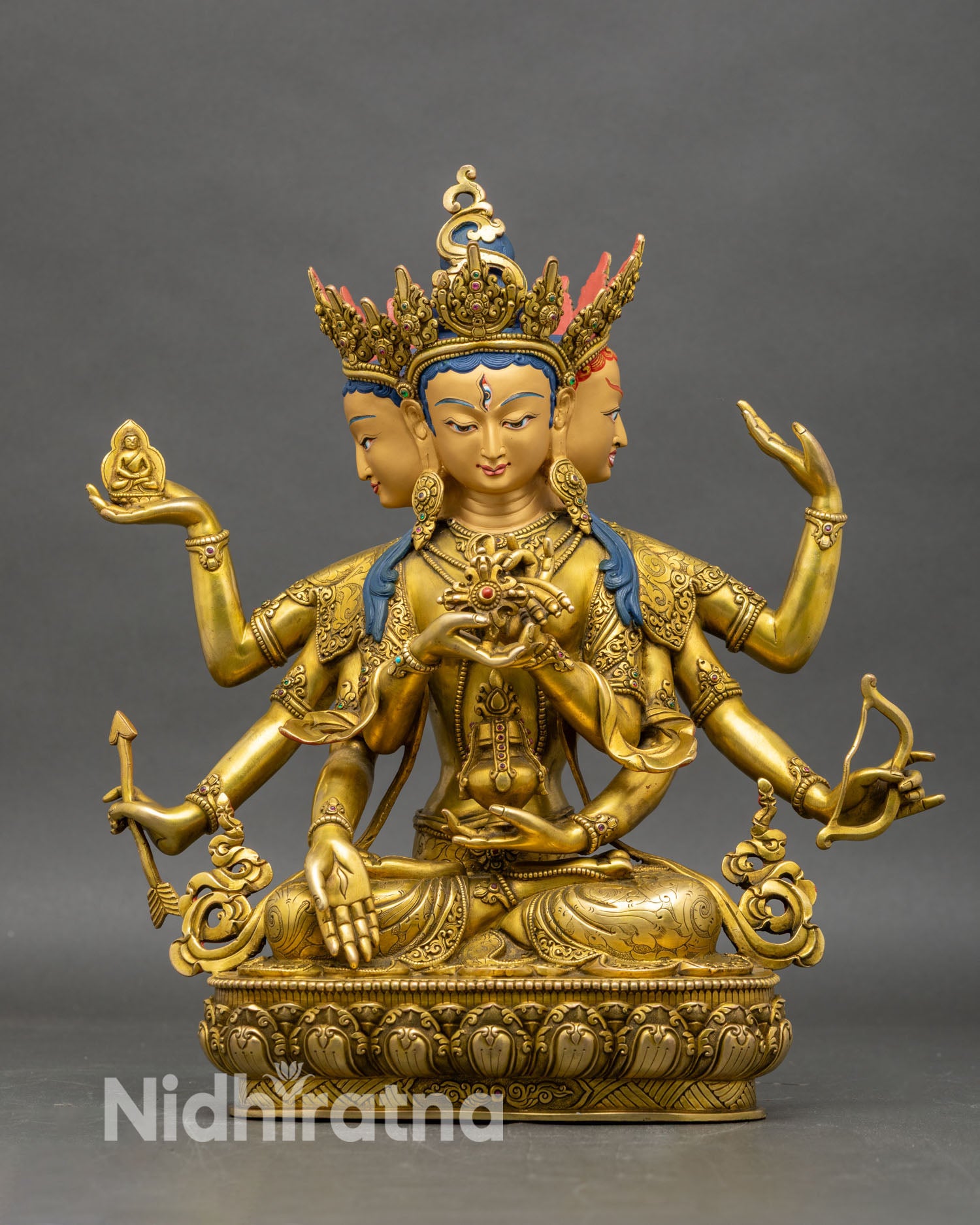 Front view of Namgyalma statue, handcrafted copper with 24K gold fire-gilding