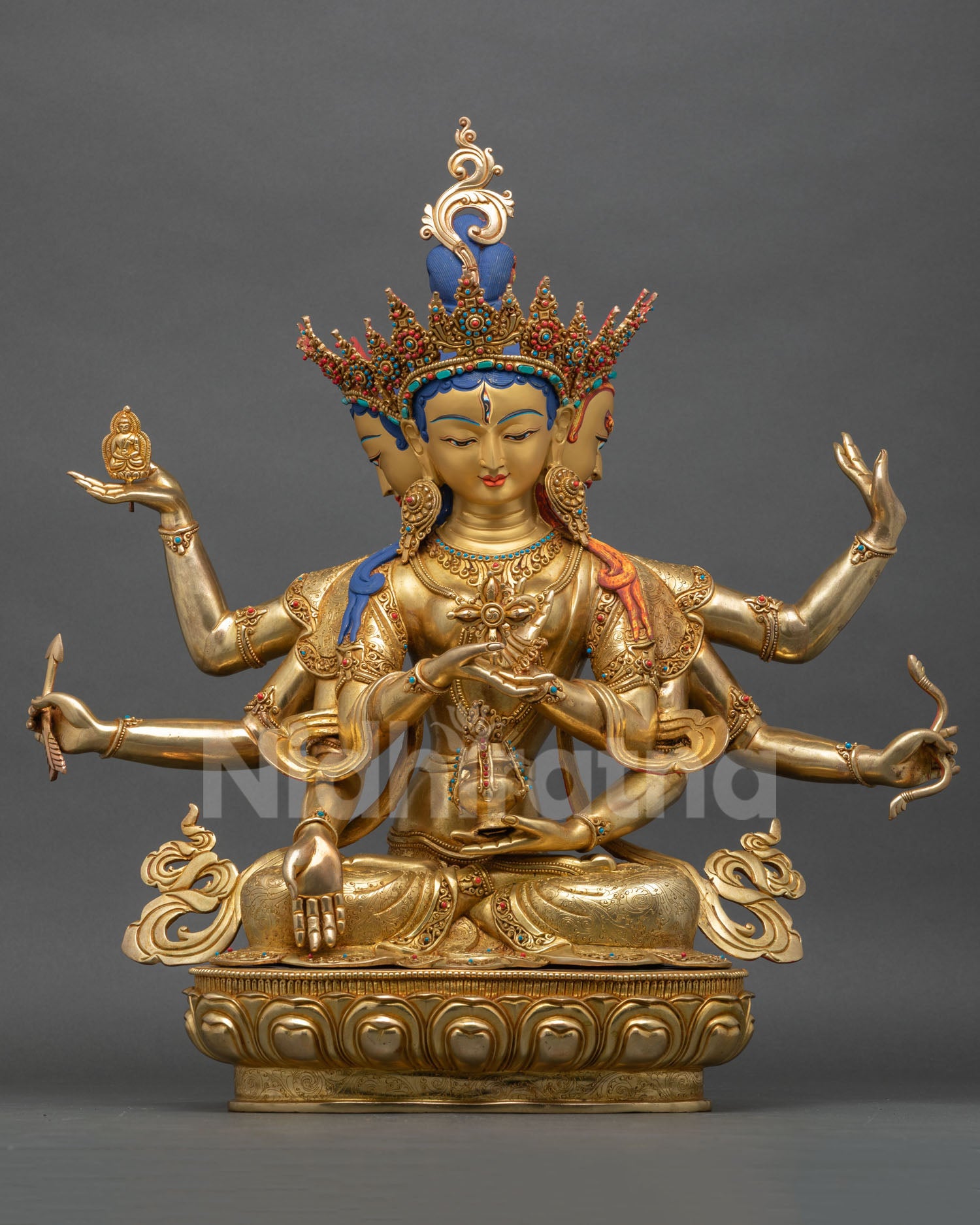 Front View Of Namgyalma Statue Tibetan Buddhist Longevity Deity Copper Gold Fire Gilded Lotus Pedestal