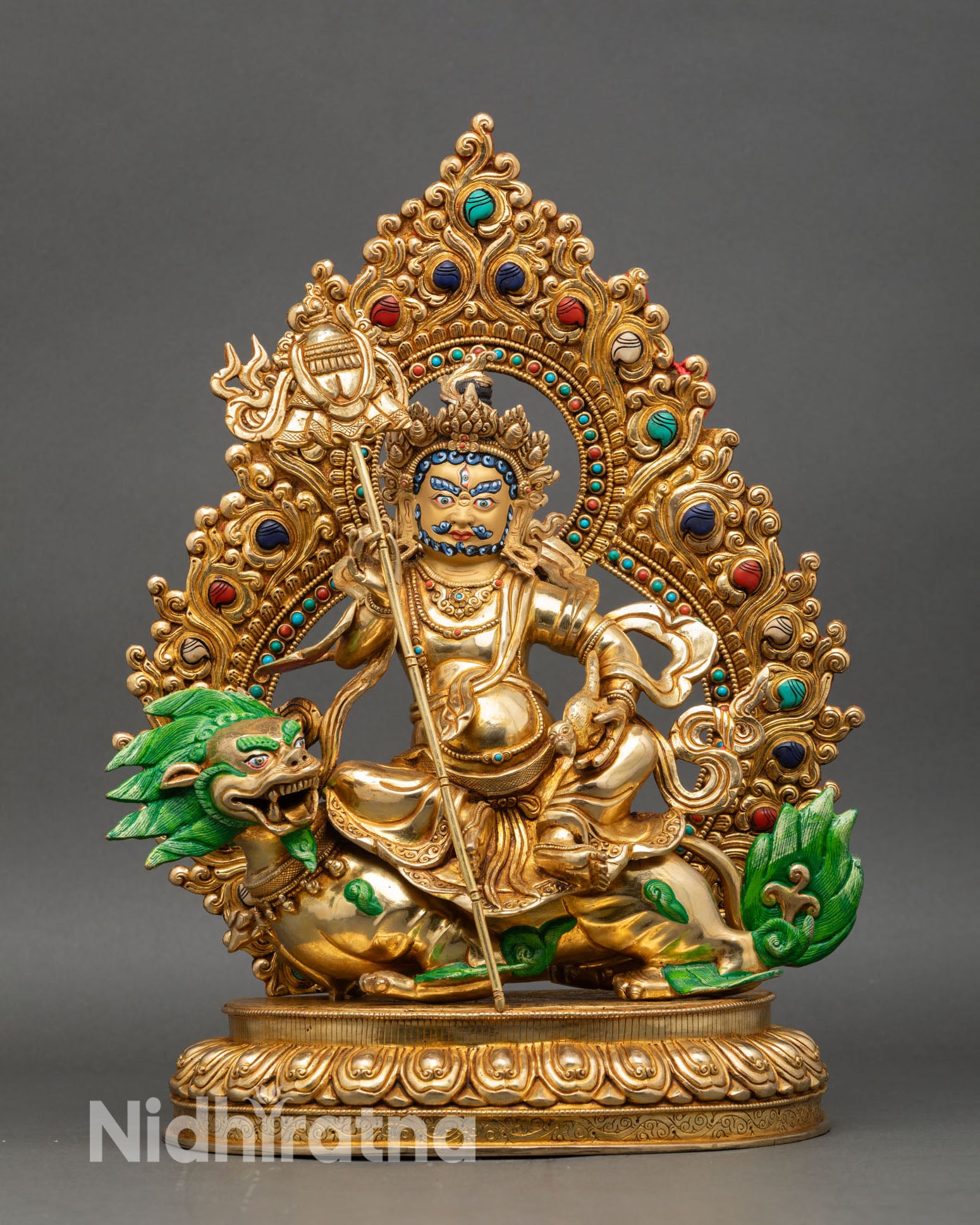 Front view of Namtoshe statue copper gold painted face snow lion throne Nepalese artisan deity