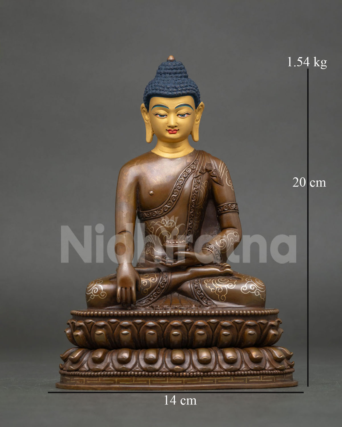 Front view of oxidized copper Shakyamuni Buddha statue with gold-painted face, handcrafted in Nepal