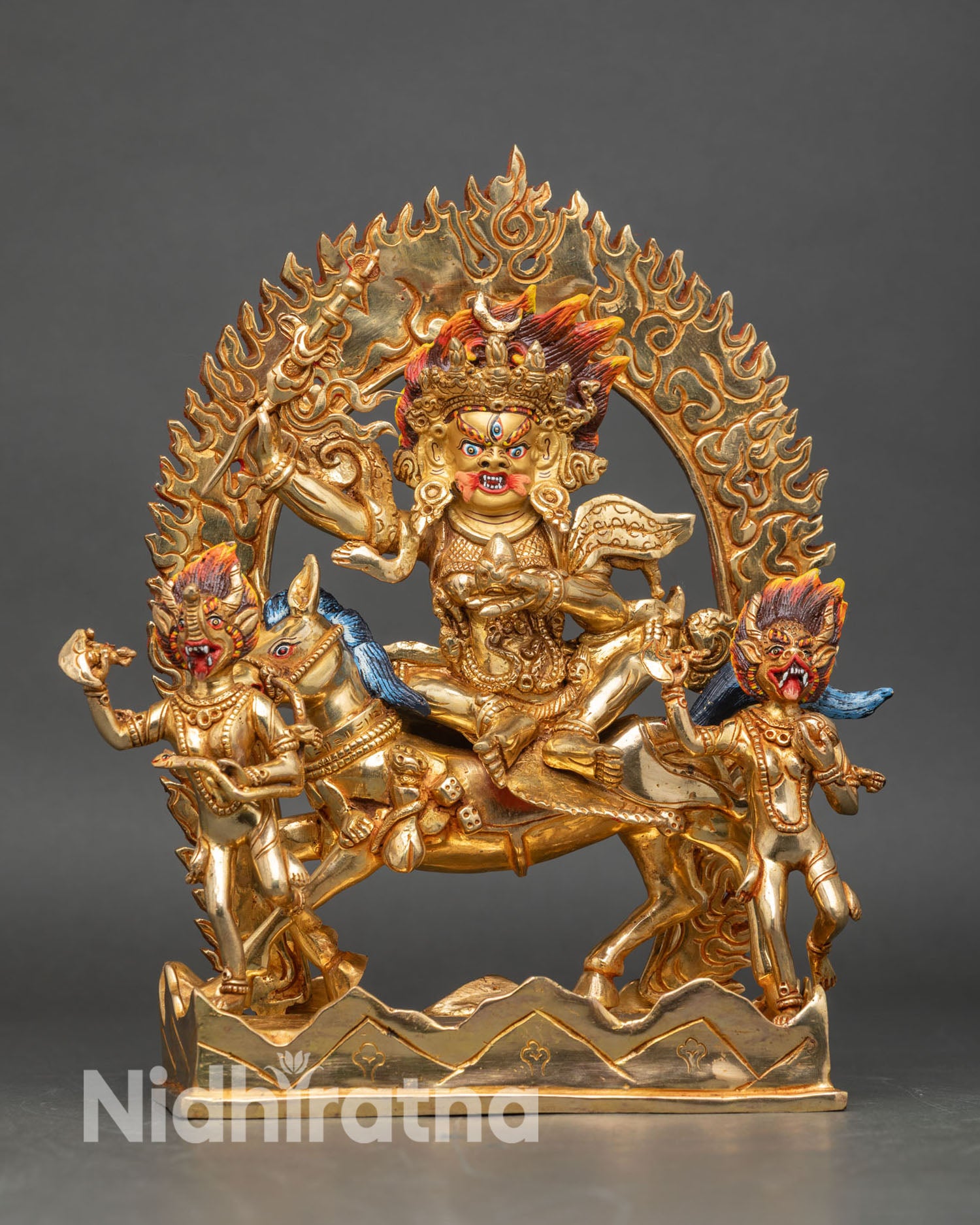 Front view of Palden Lhamo statue, handcrafted copper gold painted face wrathful protector deity on mule with attendants