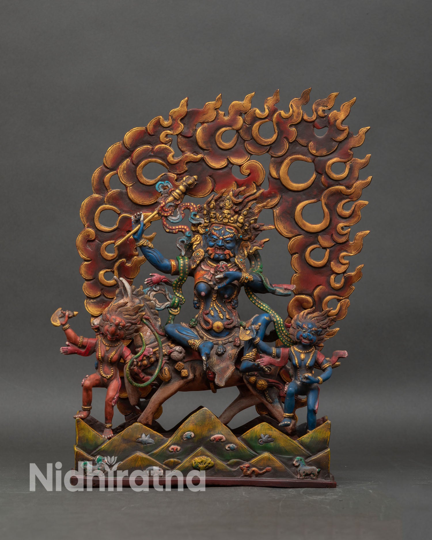 Front view of palden lhamo wrathful dharmapala statue with gold gilded copper