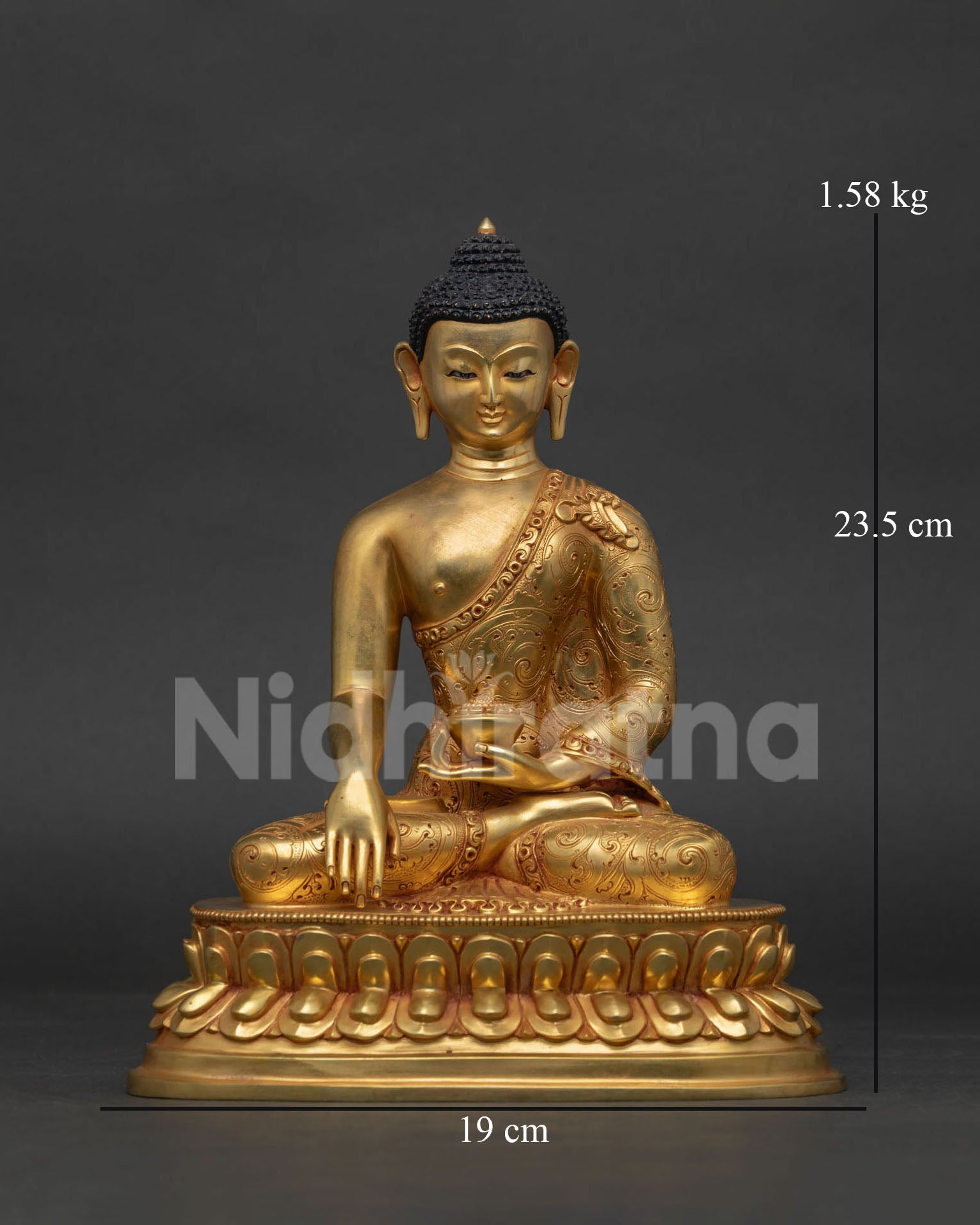 Front view of Premium Shakyamuni Buddha Statue, gold fire-gilded copper sculpture handmade in Nepal