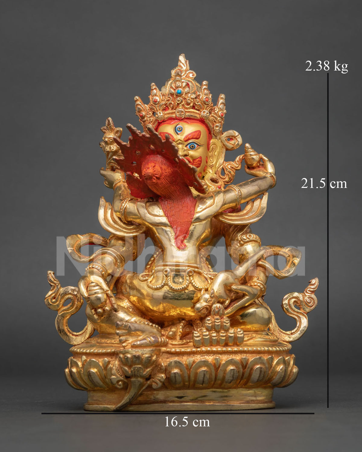 Front view of Red Dzambhala Yab-Yum statue, handcrafted copper with 24K gold gilding from Nepal