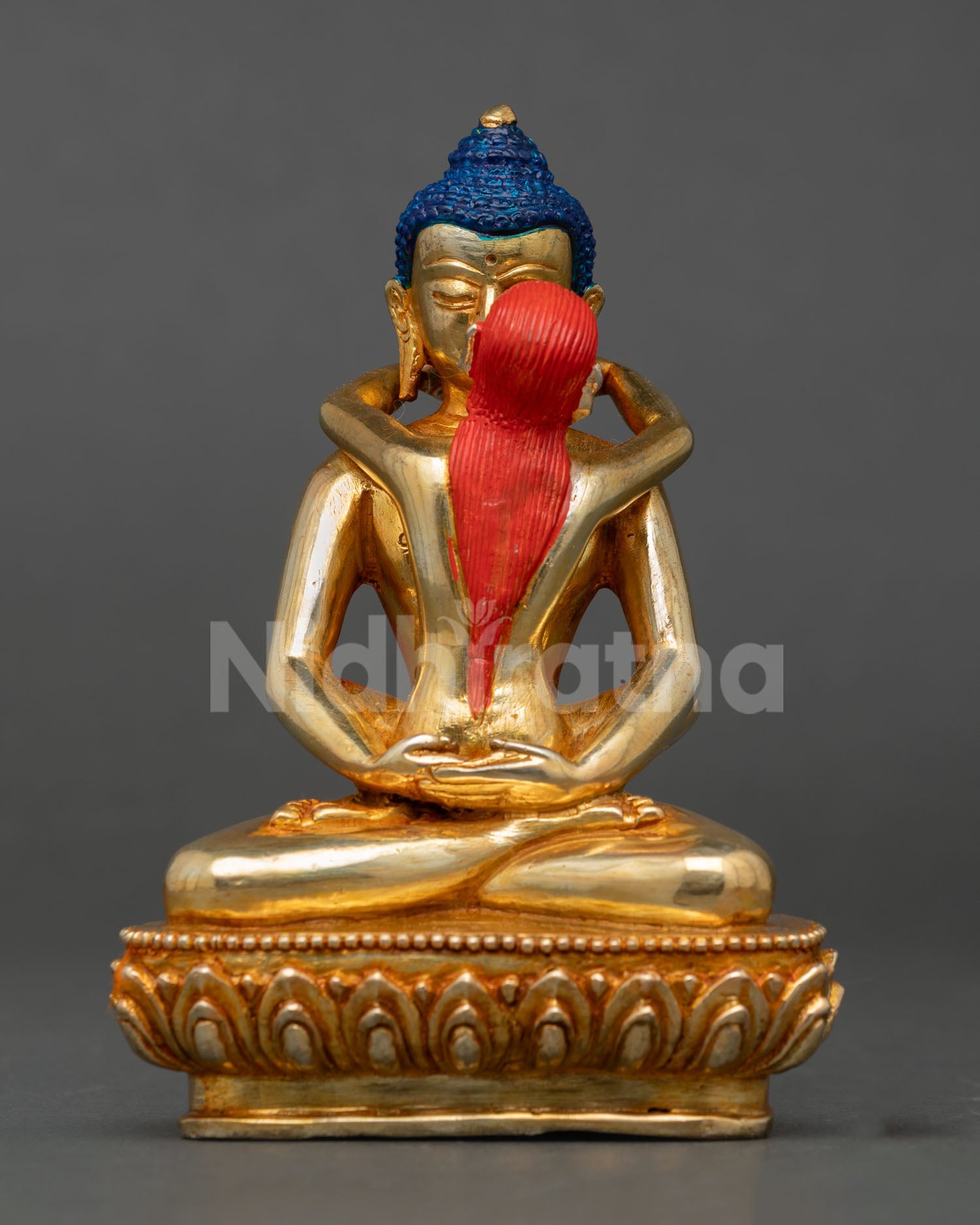 Front view of Samantabhadra Consort Statue, handmade in copper with gold gilding and gold-painted face from Nepal