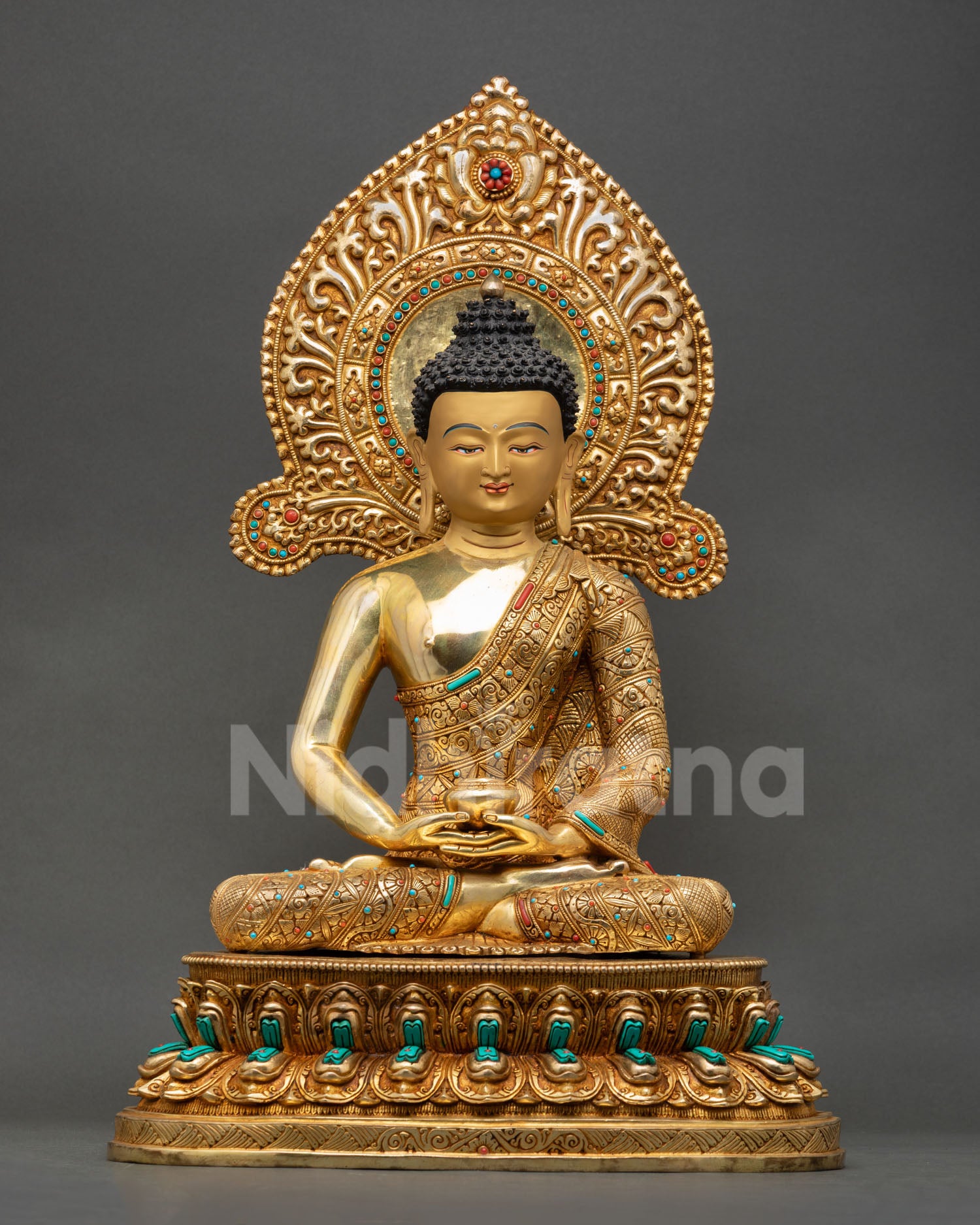 Front view of Sangye Opame Amitabha Buddha statue with gold gilding and lotus thronee