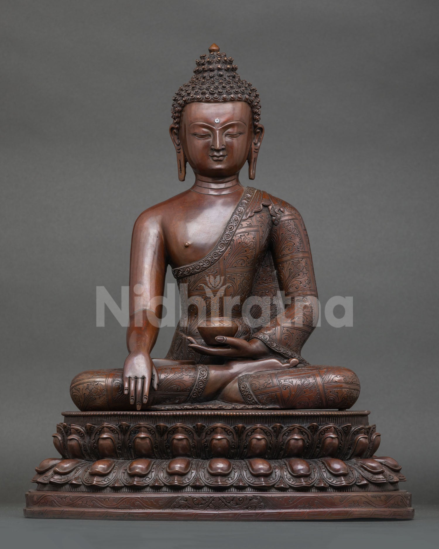 front view of shakyamuni buddha oxidized copper statue with earth touching mudra