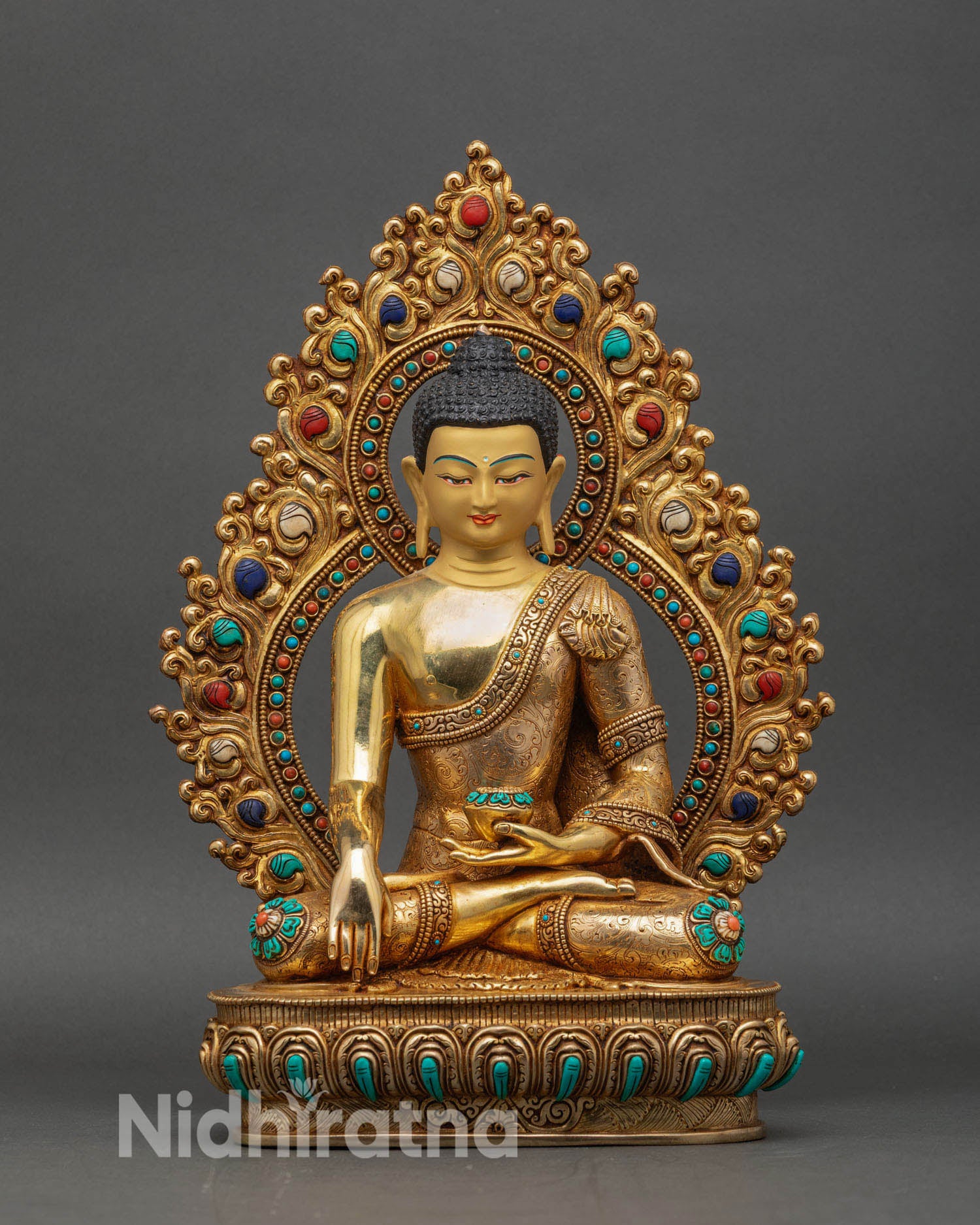 Front view of Shakyamuni Buddha statue copper 24K gold turquoise coral lotus throne