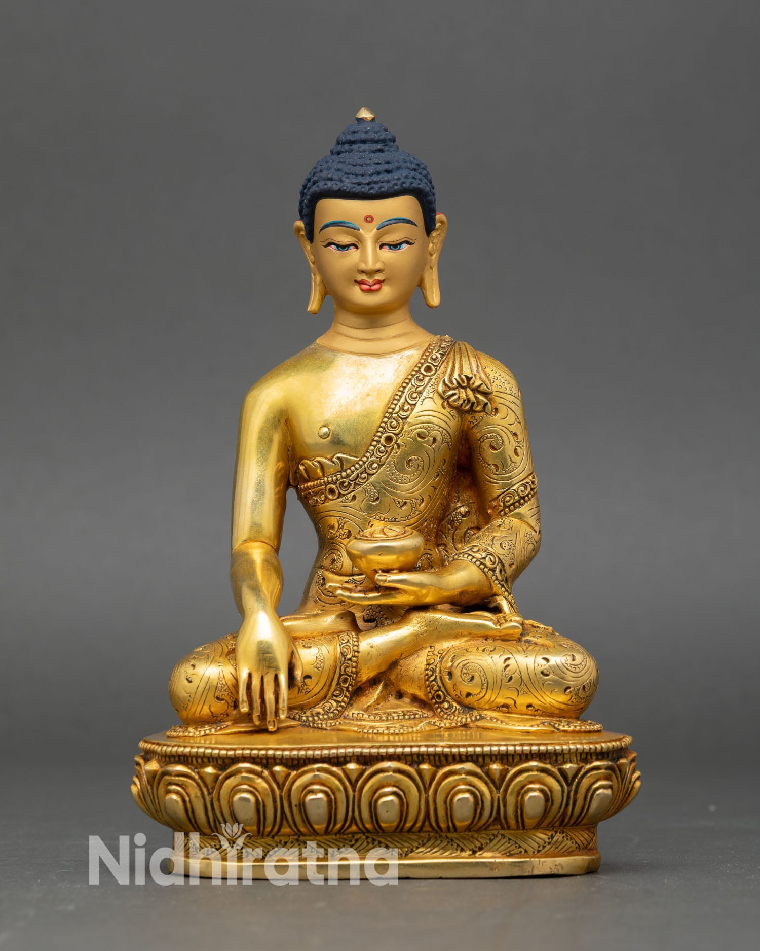 front view of shakyamuni buddha statue, handcrafted copper with gold fire-gilding