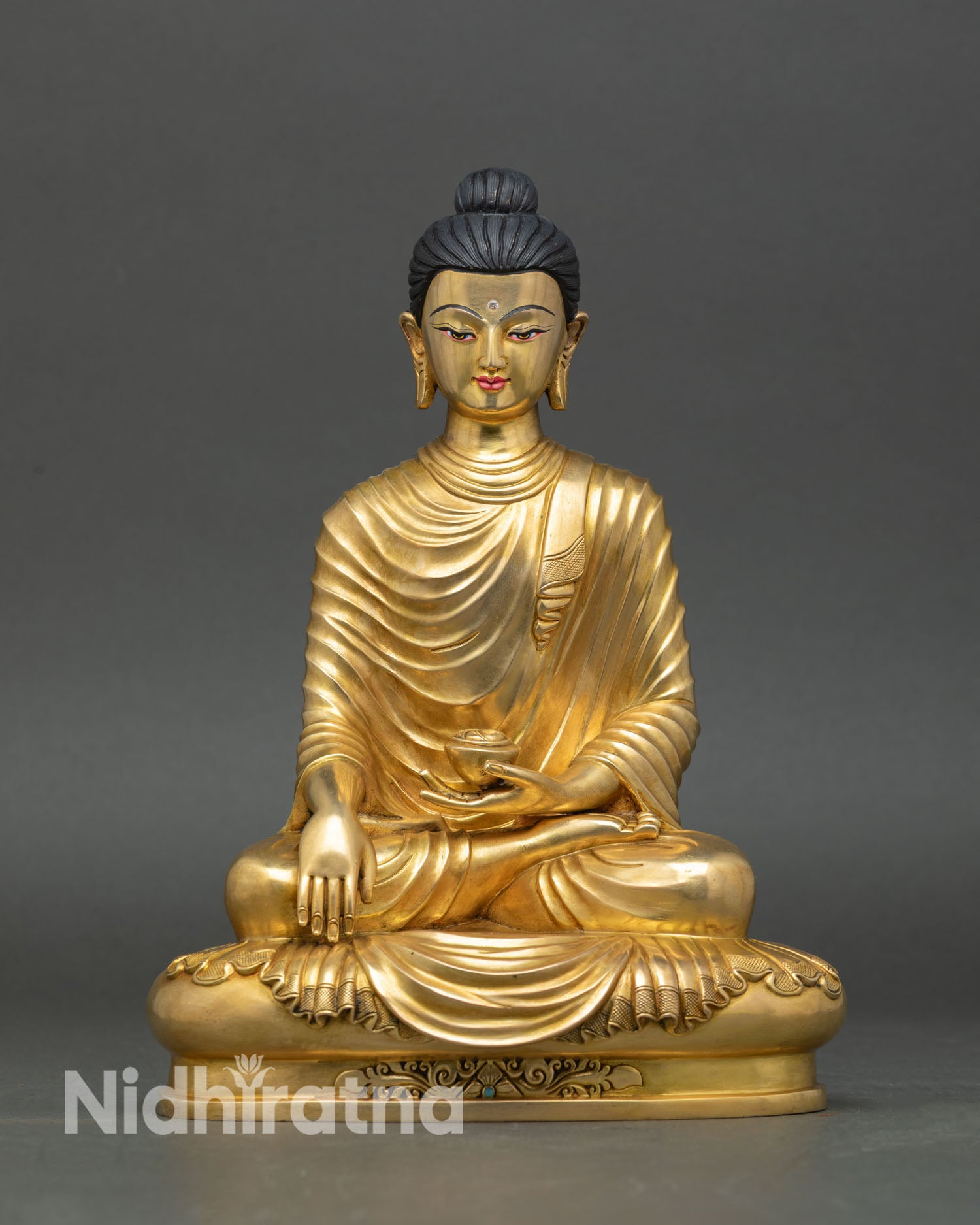 Front view of Shakyamuni Buddha statue handcrafted in Patan Nepal premium copper sculpture