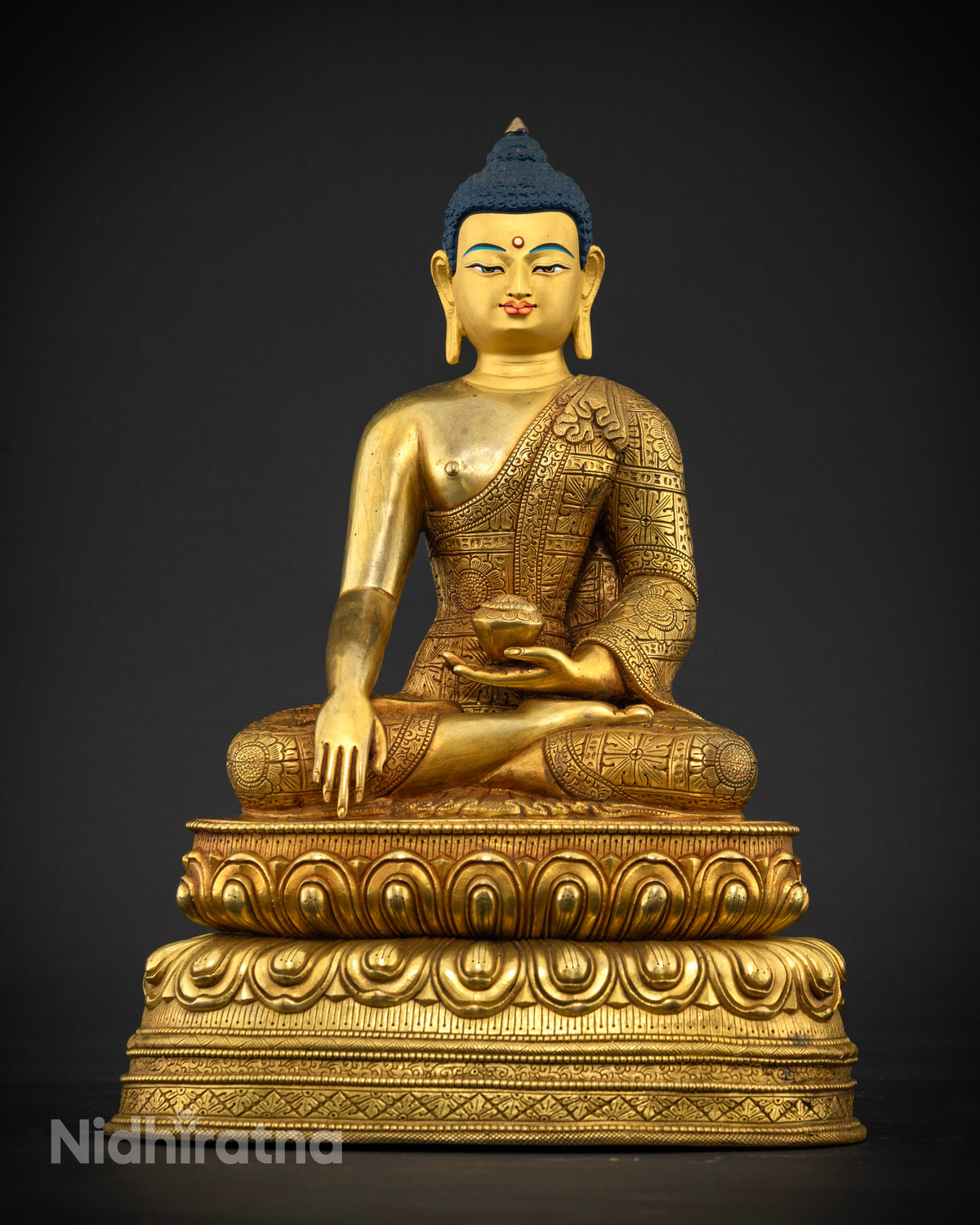 front view of Shakyamuni Buddha Statue in Bhumisparsha Mudra, gold gilded copper sculpture