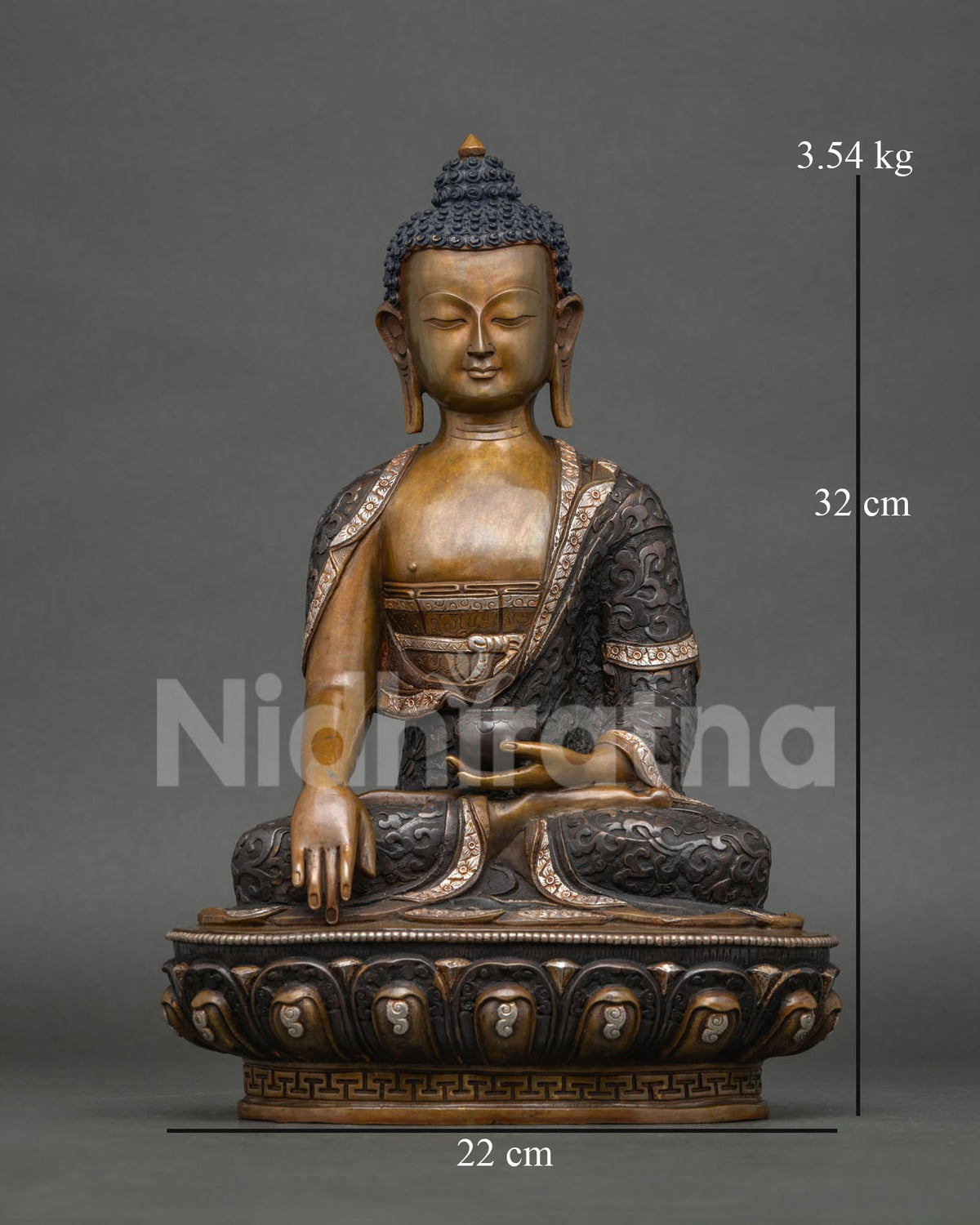 Front view of Shakyamuni Buddha statue in Earth-Touching Mudra, oxidized copper with silver-plating