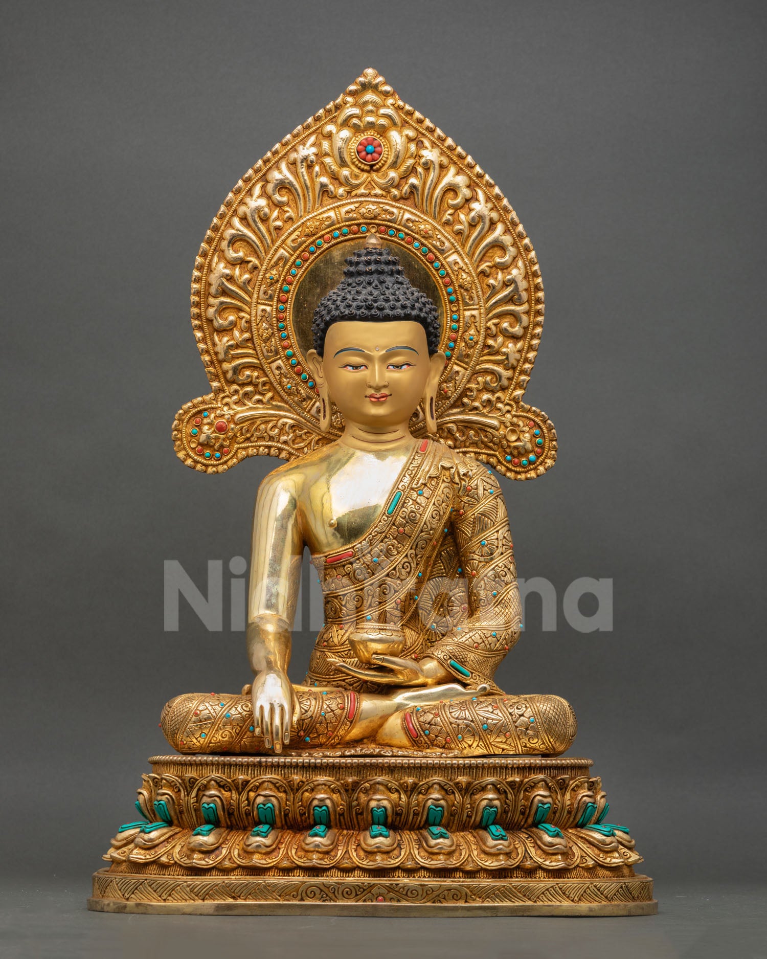 Front view of Shakyamuni Buddha statue with gold fire gilding and lotus thronee