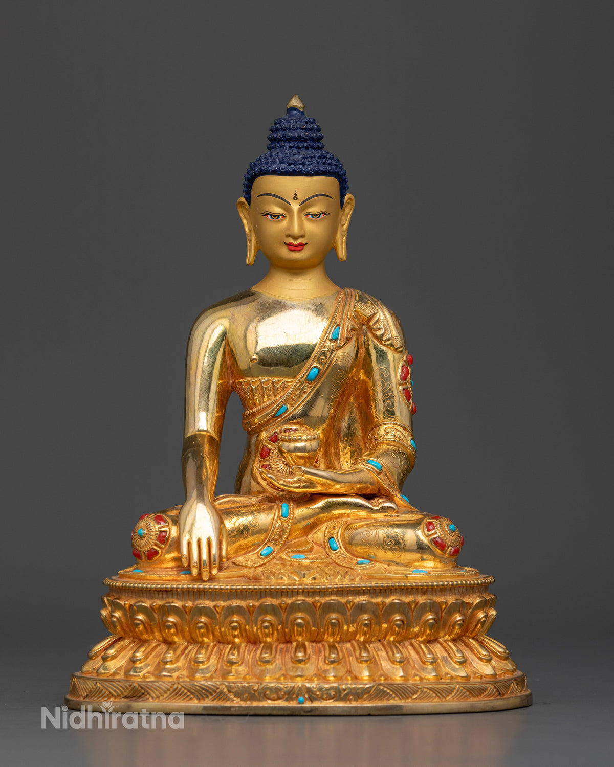 Front view of Shakyamuni Buddha Statue with gold fire gilding and semi precious stones