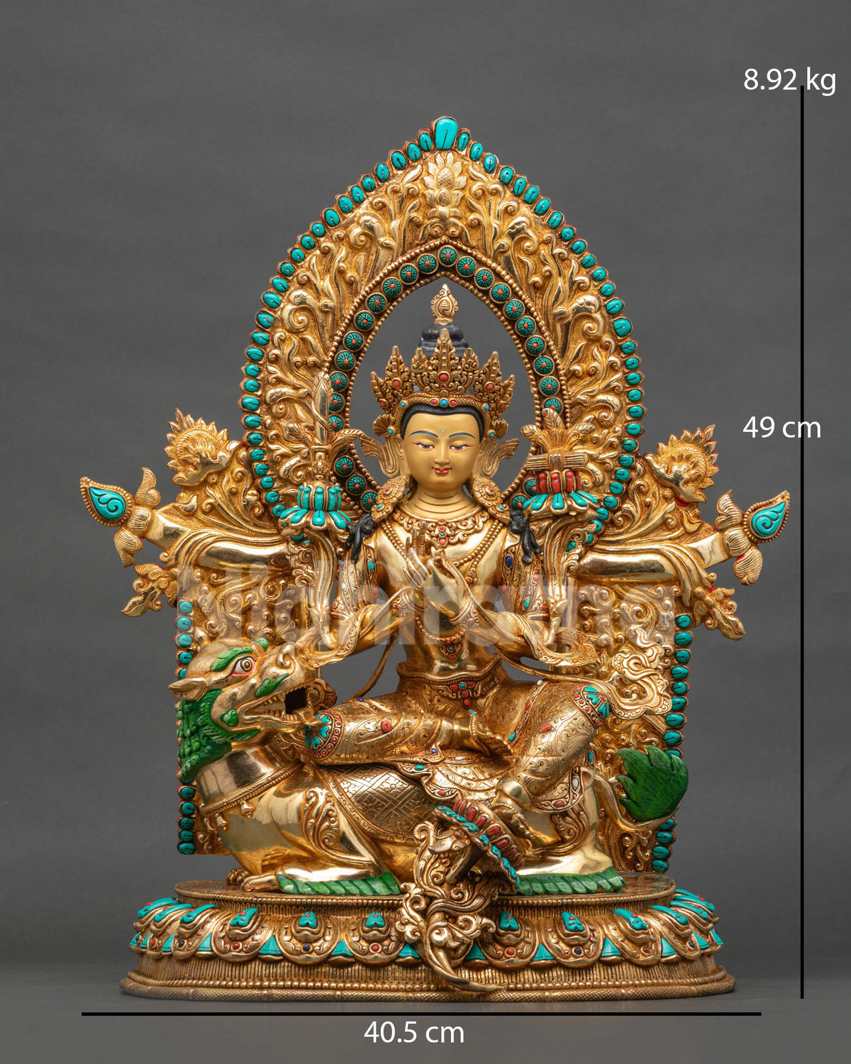 Front view of Simhanada Manjushri statue in 24K gold fire-gilded copper with turquoise-inlaid halo
