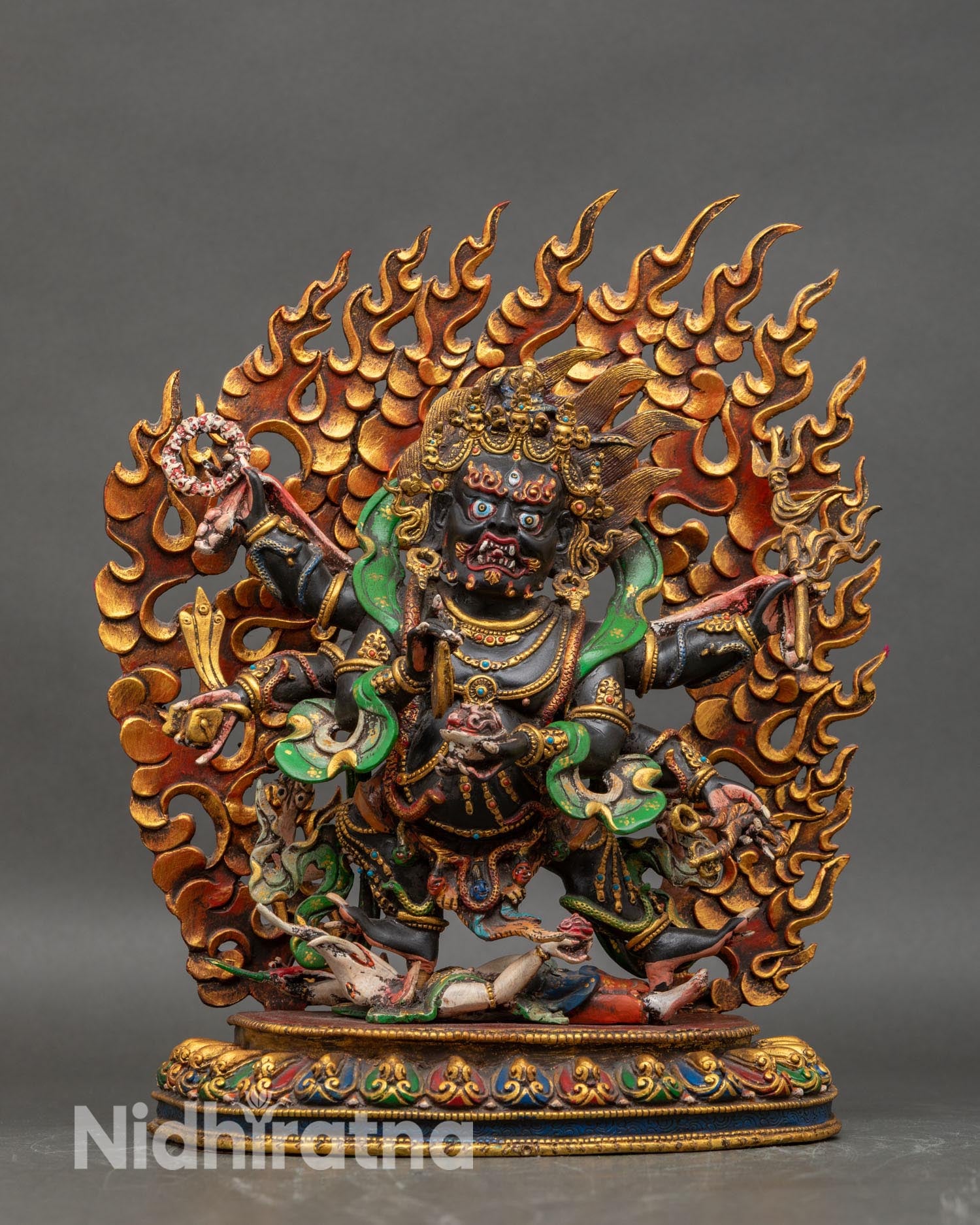 Front view of Six Armed Mahakala statue handcrafted copper Buddhist wrathful deity with acrylic paint