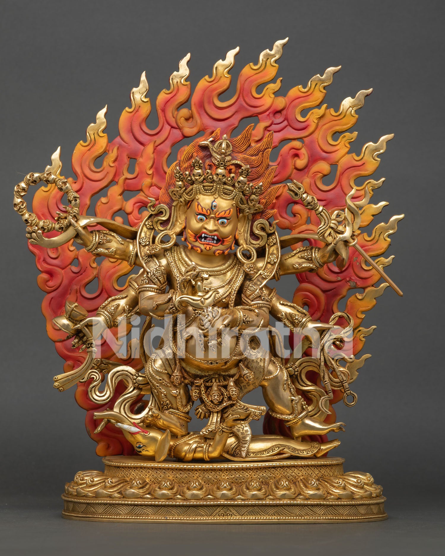 Front view of Six-Armed Mahakala statue handcrafted in Nepal using lost-wax casting with gold fire-gilded copper finish