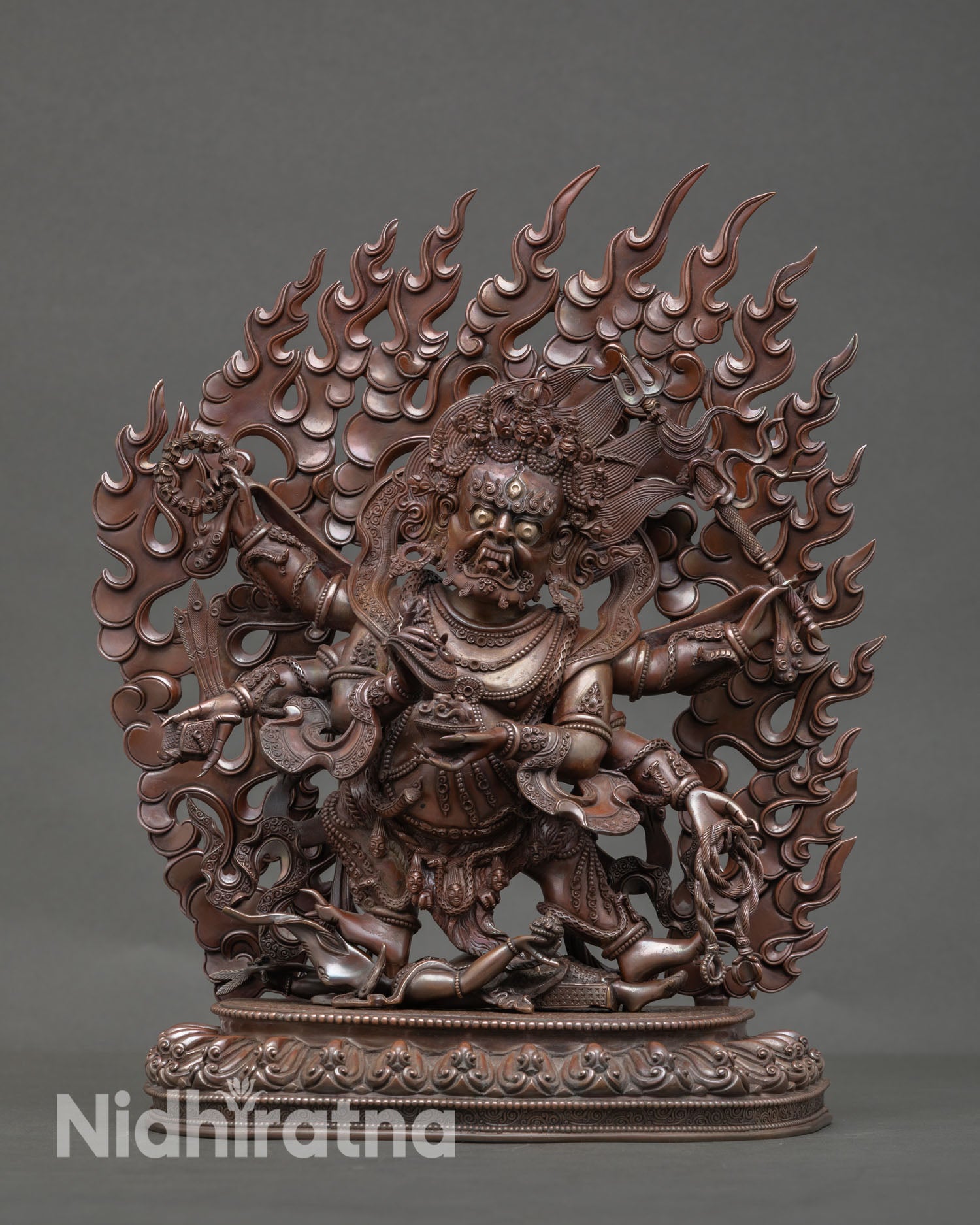 Front view of Six Armed Mahakala statue handmade in Nepal oxidized copper sculpture, Buddhist altar decor and spiritual protection