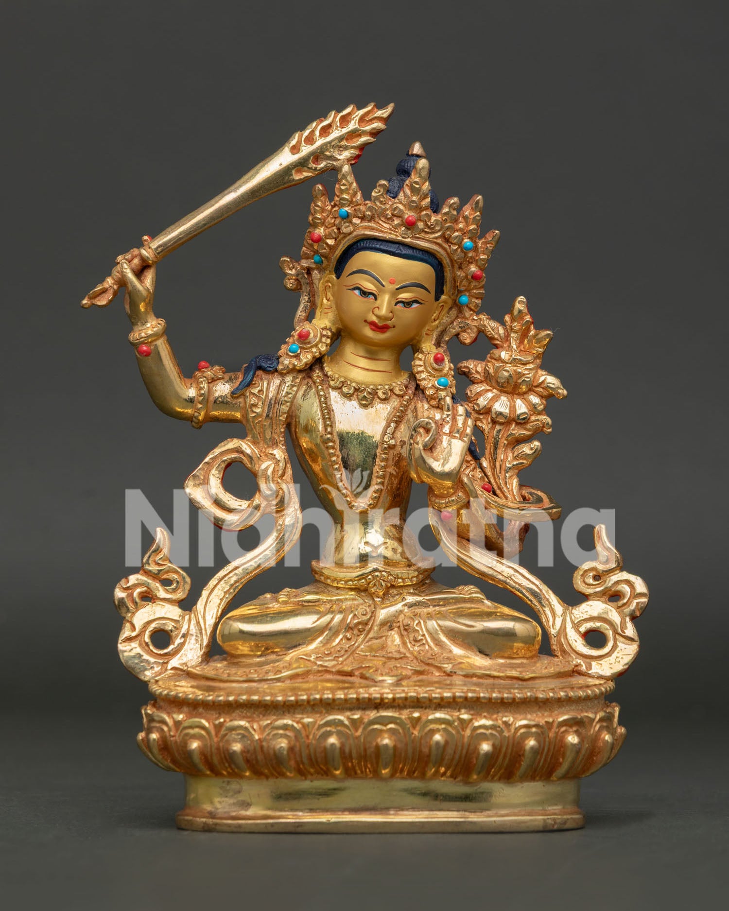 Front View of Manjushri Statue with Gold Fire Gilding and Lotus Pedestal