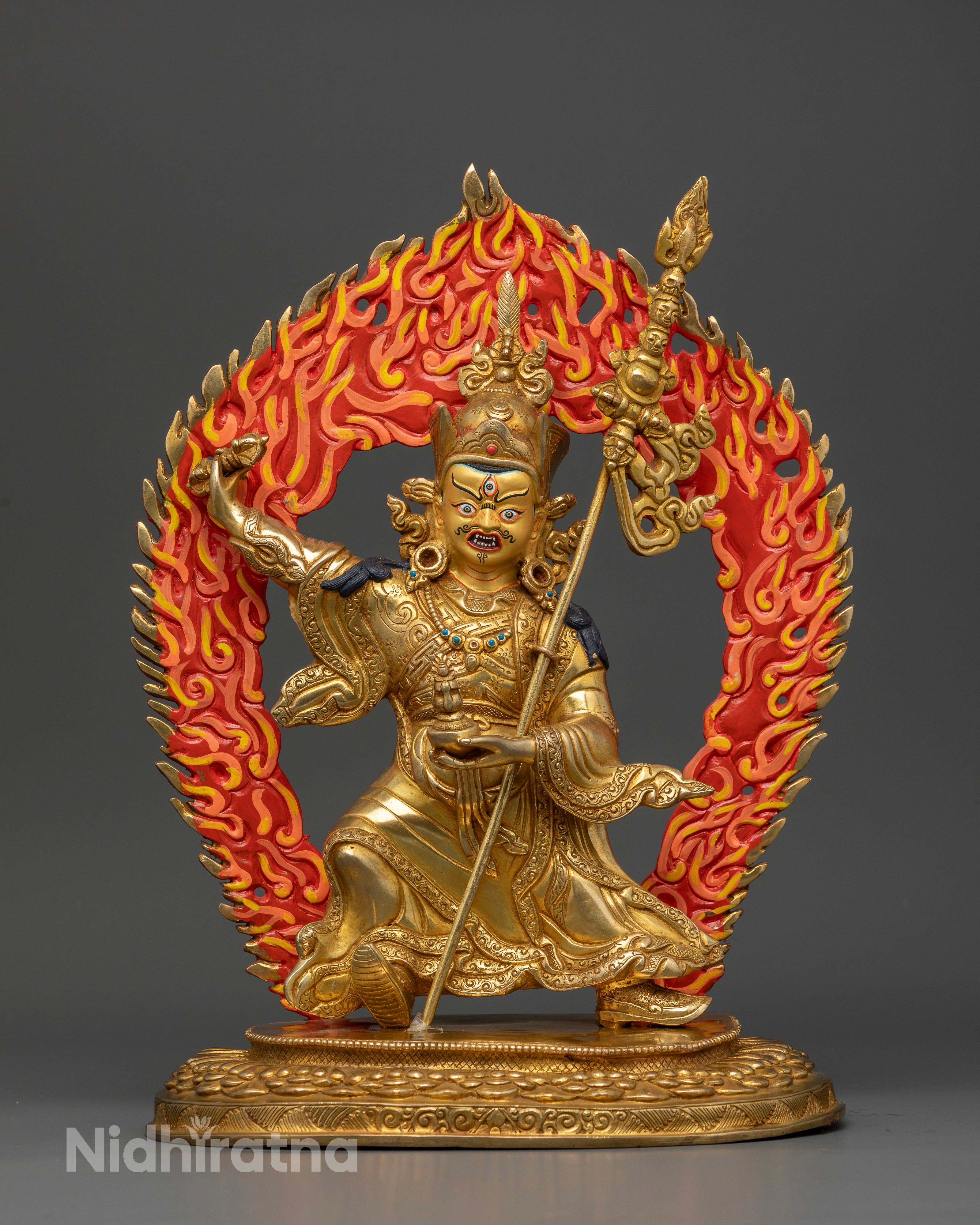 Front view of Standing Guru Rinpoche Statue with triple 24K gold fire gilding
