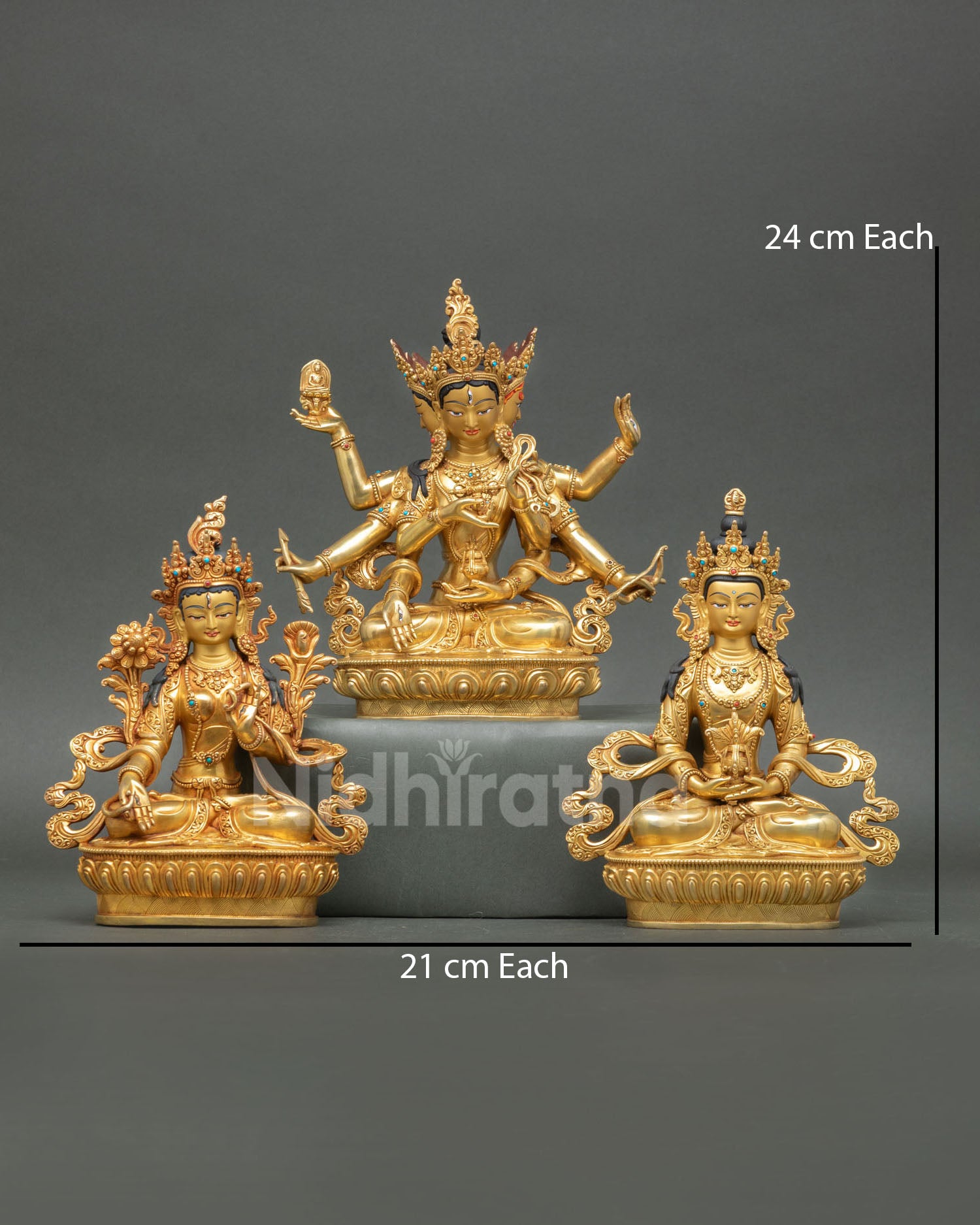 Front view of Three Long Life Deities statue set from Nepal featuring Amitayus White Tara and Namgyalma in copper with gold gilded details and stone inlays for altar decor