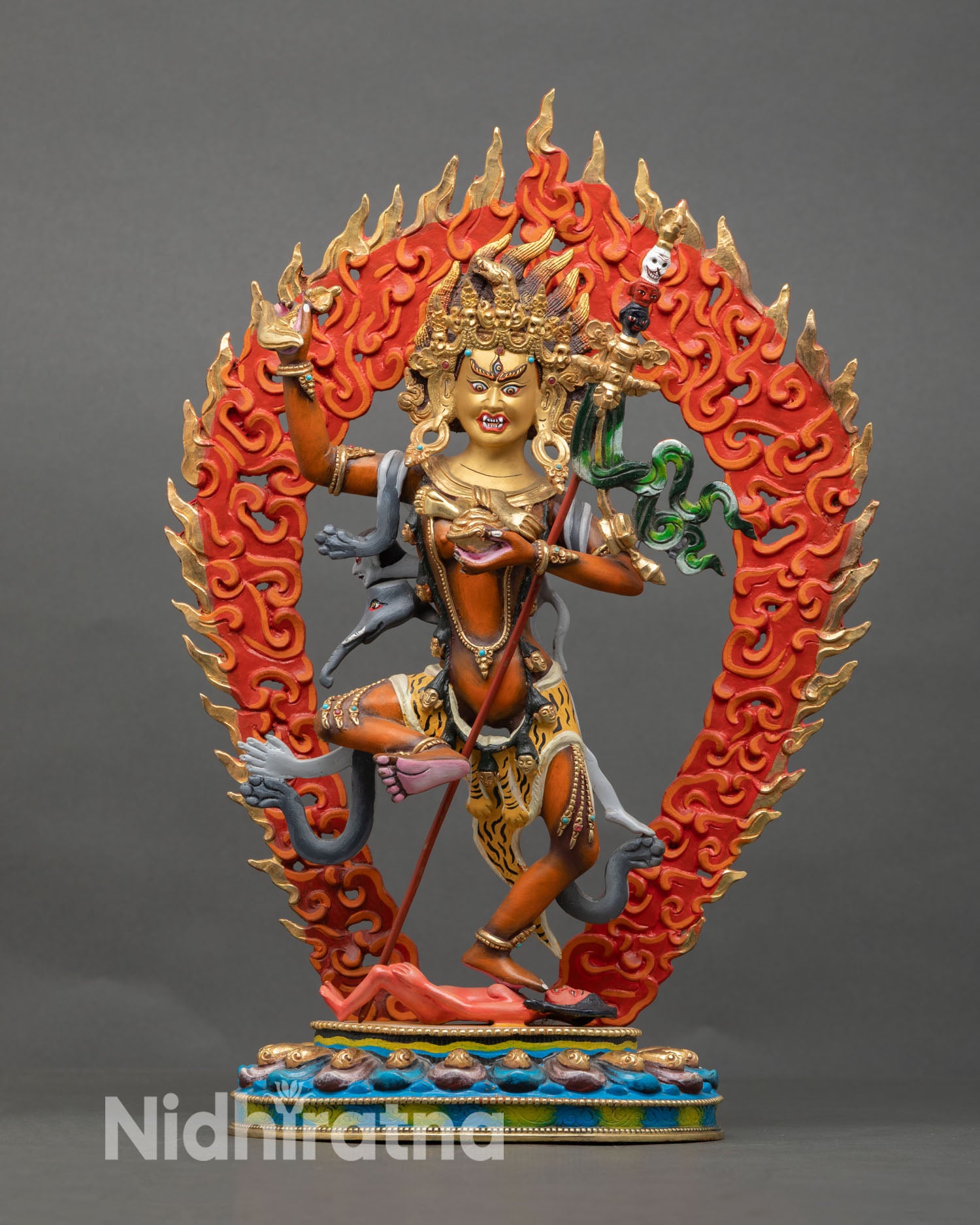 Front view of Troma Nangmo Dakini statue Nepal copper with gold face Vajrayana wrathful goddess altar meditation decor