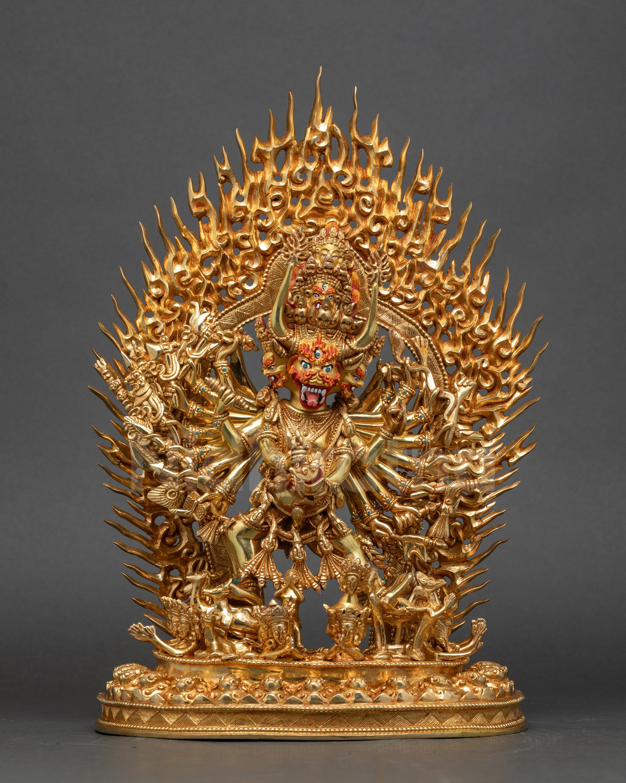 Front view of Vajrabhairava Yamantaka statue in 24K gold gilded copper