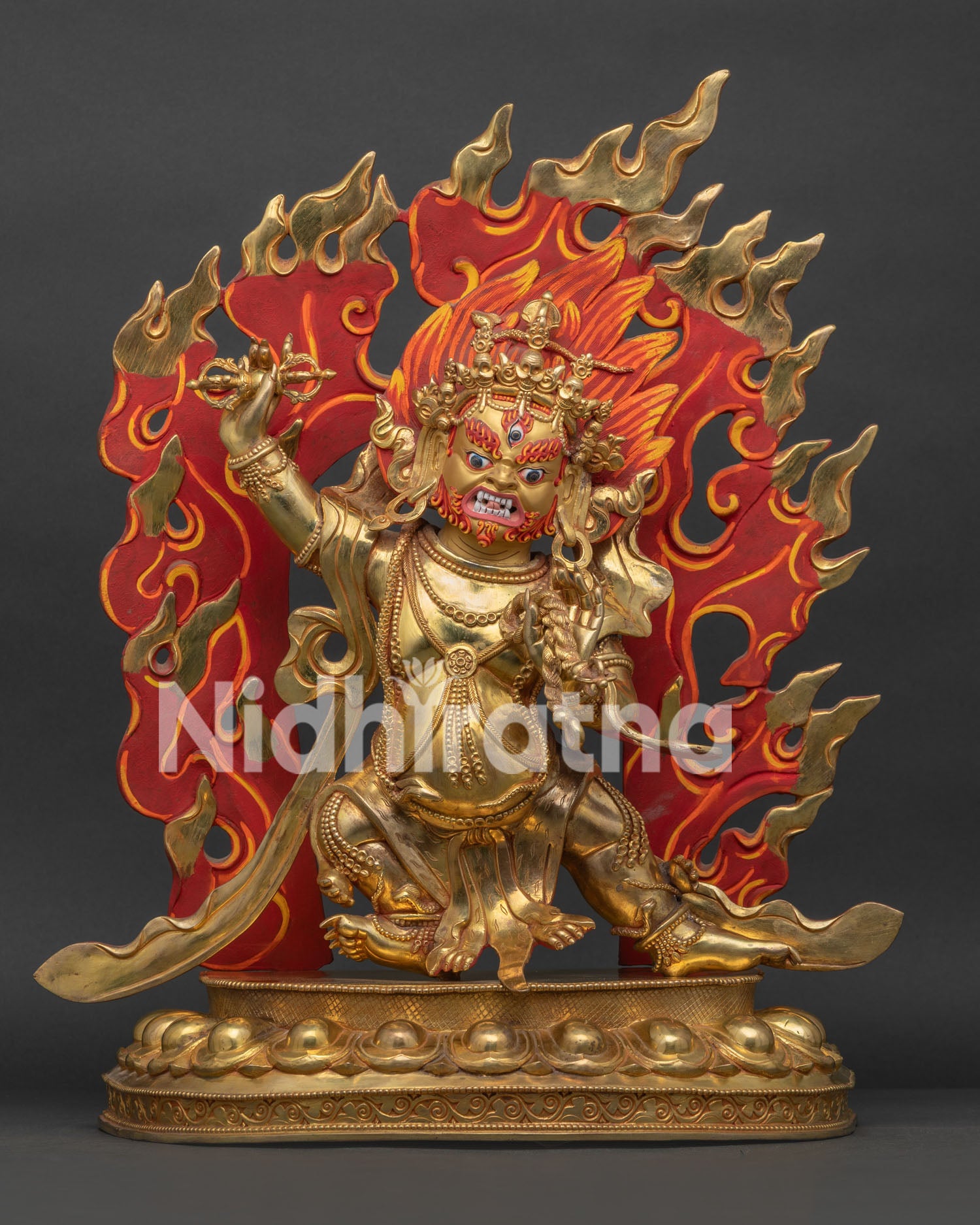 Front View of Vajrapani Statue Handmade in Copper with 24K Gold Fire Gilding on Lotus Pedestal