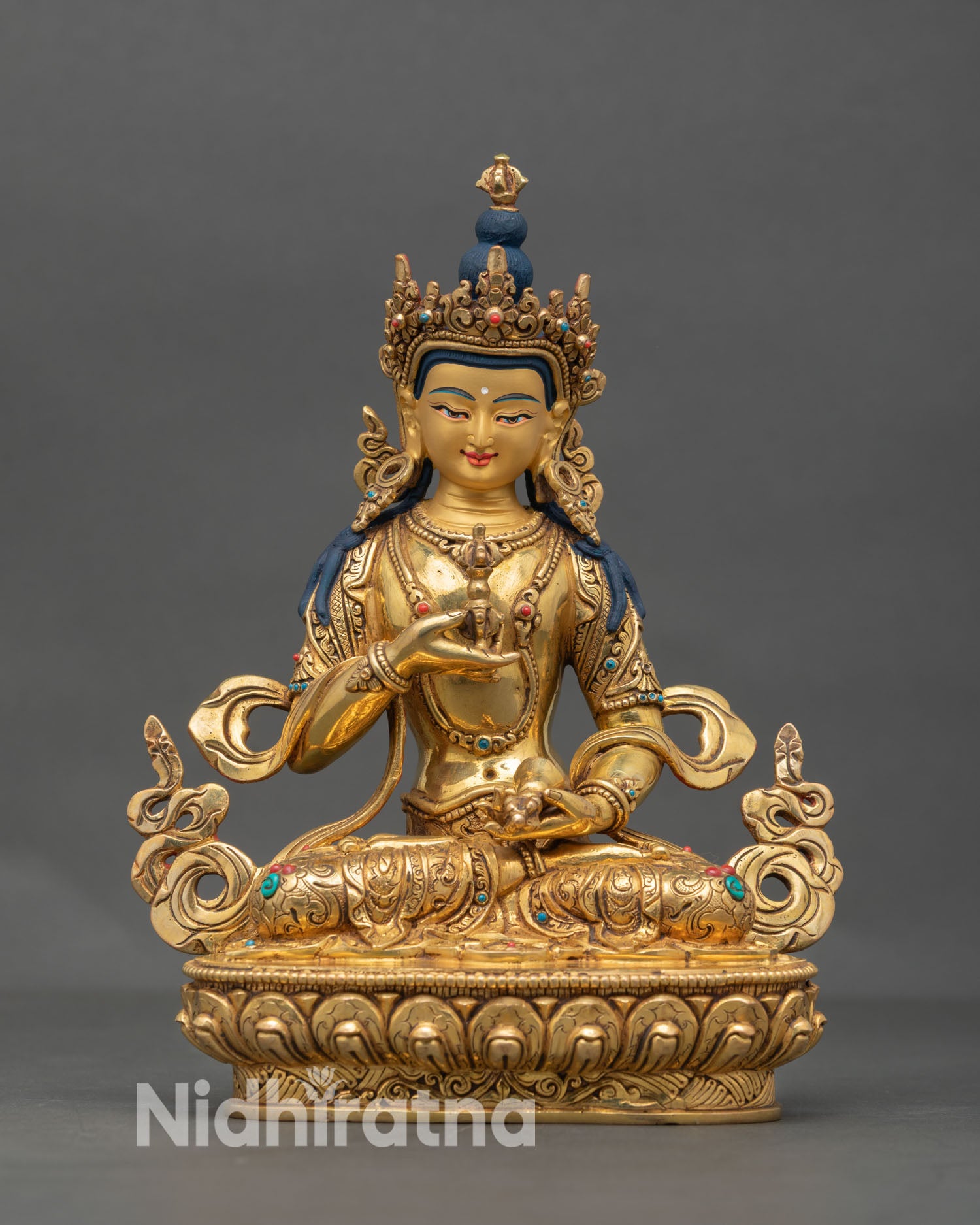 Front view of Vajrasattva Dorje Sempa statue handcrafted in Nepal with 24K gold gilding, copper body, and serene meditation posture on lotus base